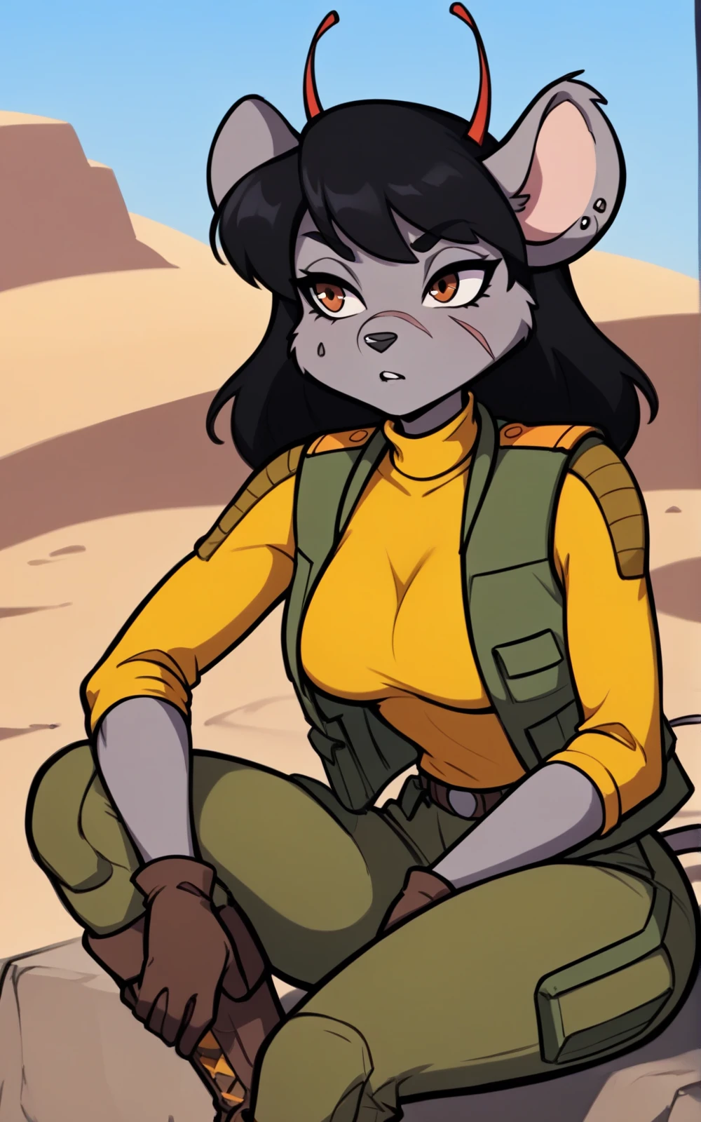 best quality, absurdres,<lora:BolivanteStyleITS:0.8>, <lora:CBMMITS:0.8>, CBMMITS, military, uniform, military uniform, green vest, vest, turtleneck, yellow shirt, green pants, pants, brown boots, boots, scar on face, grey skin, antennae, red antennae, mouse ears,solo,furry female,black hair,slim,breast, brown eyes ,gloves,tail, sitting, desert, bored, vehicle,rocks,blue sky, car