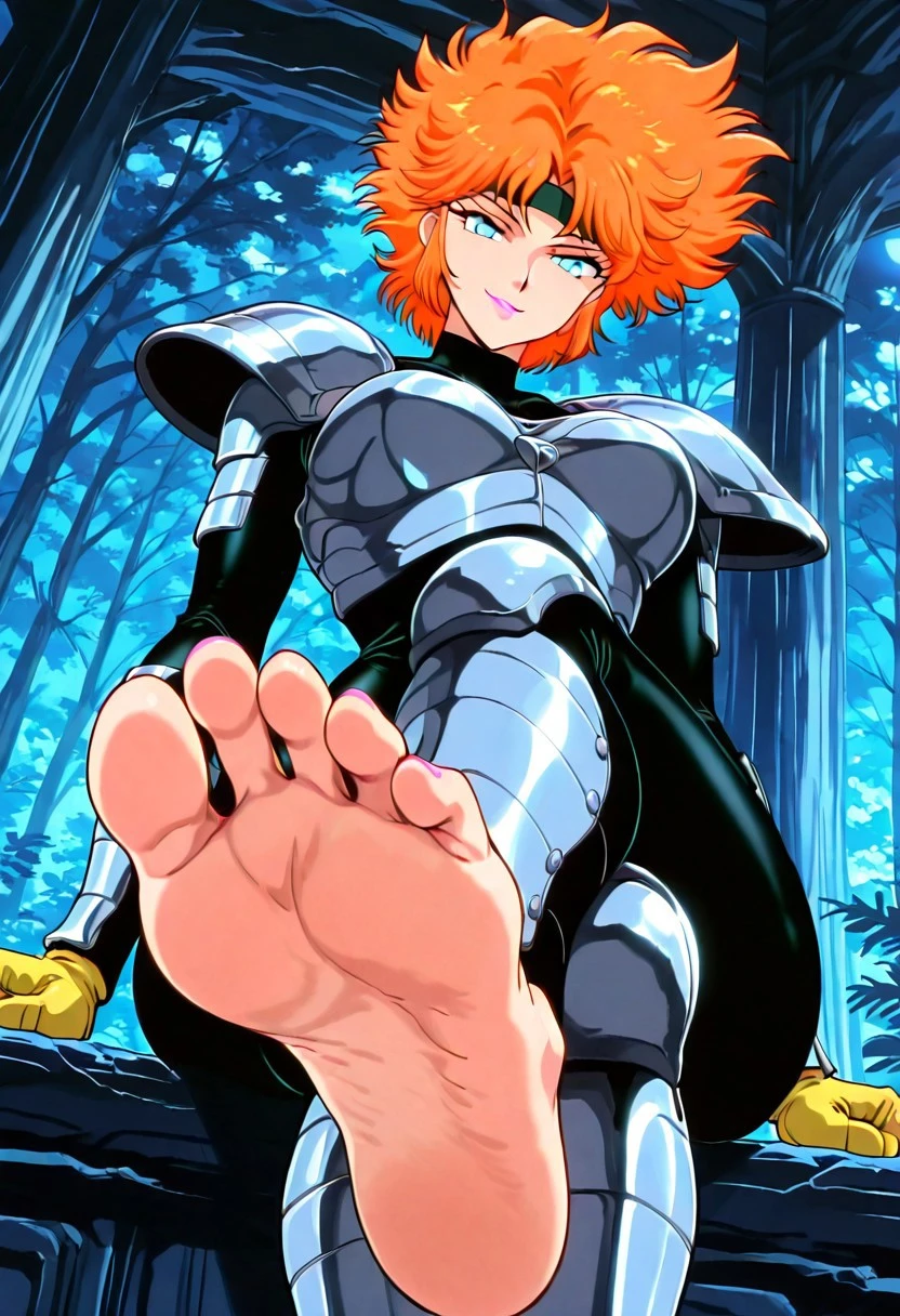 ShazaraHTD, 1girl, solo, short hair, orange hair, messy thick hair, bangs, headband, blue eyes, pink lips, silver armor, black bodysuit, large breast, breastplate, pauldrons, shoulder pads, thick thighs, , yellow gloves, skin tight bodysuit, knee pads,
masterpiece, best quality, fine details, intricate details, depth of field, subsurface scattering, bokeh, ultra-detailed, very aesthetic, detailed background, newest, scenery, highres, absurdres, colorful, vibrant, glowing, perfect face, 2d, perfect eyes, vibrant saturated colors, volumetric lighting, sharp, detailed eyes, perfect anatomy, perfect face, perfect eyes, mature body, clear eyes, beautiful eyes, athletic, curvy body, athletic girl, perky tits, perfect tits, round breasts, pinup pose, teasing, lustful expression, perfect hands,
muscular female, dutch angle, dynamic pose,
naughty smile, pov, foot focus, presenting foot, sitting, crossed legs, femdom,from below, close-up, beautiful toes, foot fetish, pov hand
,Smooth Negative, Smooth_Quality,
dark_fantasy_style, dark fantasy, retro,
