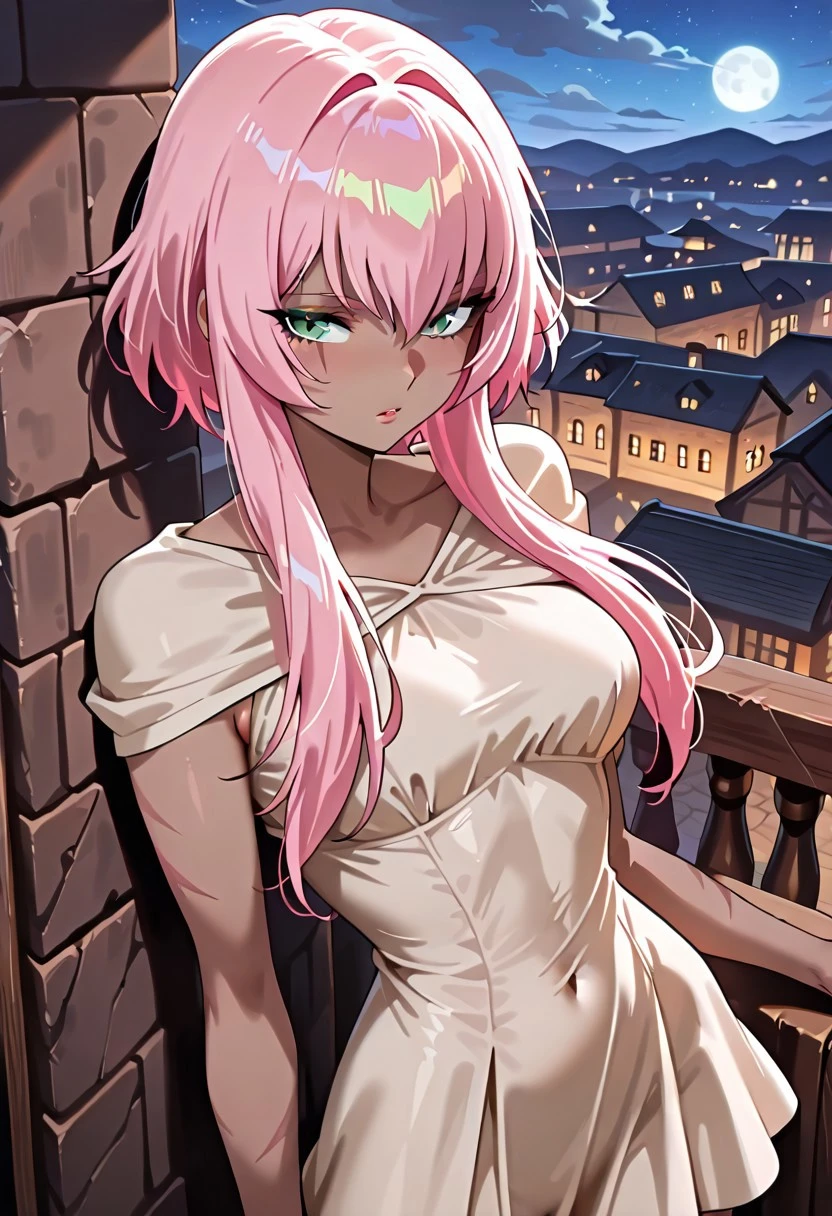 masterpiece, best quality,ancient city view, at night,sonia, 1 female, pink hair, green eyes, short dress, dark skin, scar