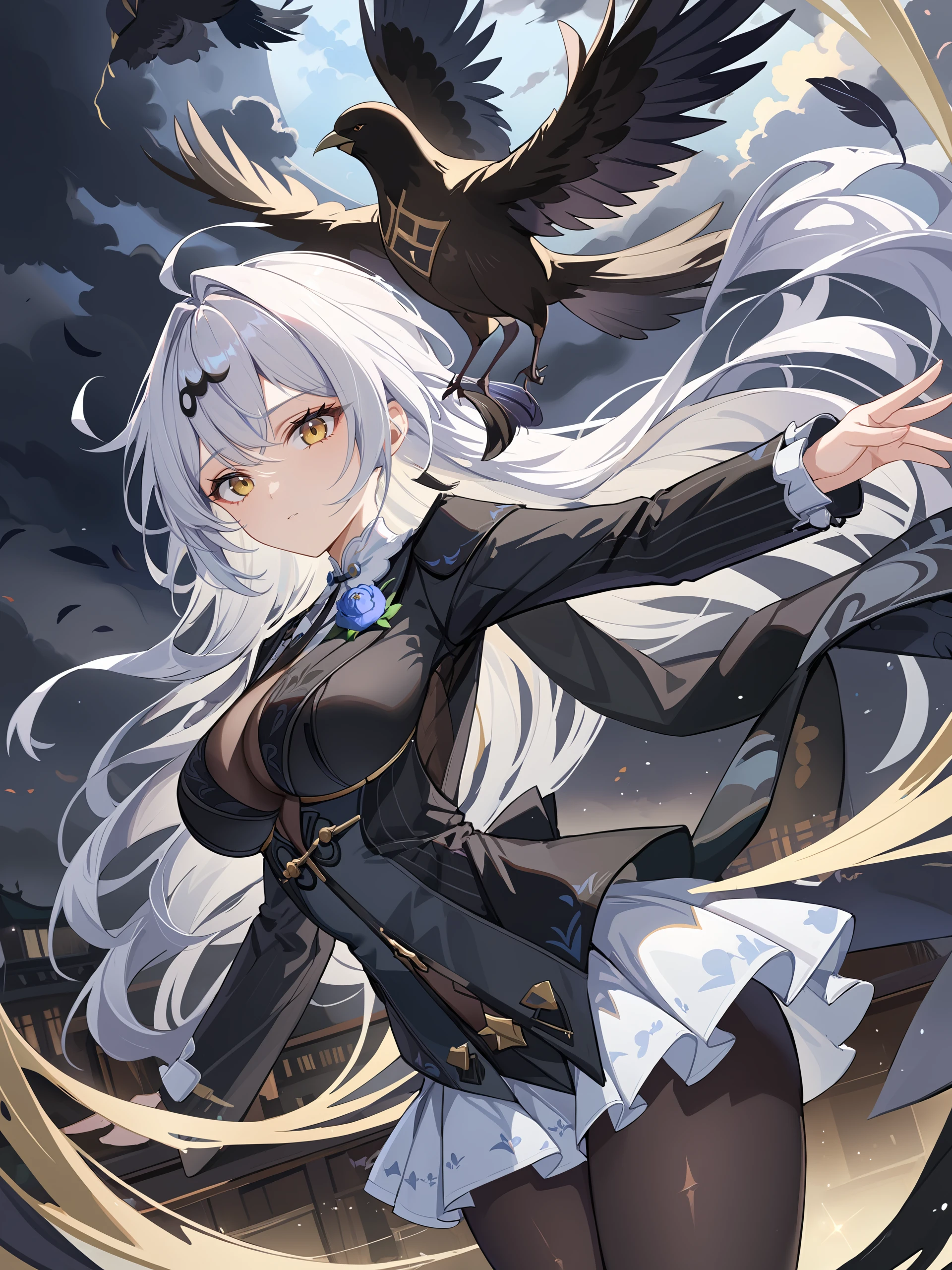illustration, incredibly absurdres, ultra detailed, masterpiece, best quality, perfect features, intricate details, ray tracing, very aesthetic, (ask \(askzy\), hiten \(hitenkei\):0.6) <lora:Char-ZZZ-Yixuan-V1-XL:1:hr=0.6>, 1girl, yixuan \(zenless zone zero\), hairclip, puritan collar, flower brooch, black blazer, frilled black leotard, black pantyhose, cowboy shot, scenery, storm, crow, black feathers, dark clouds, looking at viewer, floating hair, glaring, midair, fighting stance