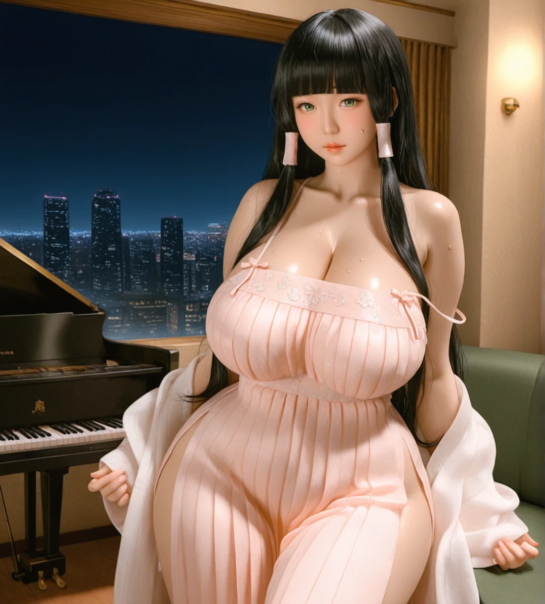1girl, wild hips, huge breasts, blush, closed mouth, collarbone, cowboy shot, hair tubes, looking at viewer, solo, spaghetti strap, standing, strap slip, sweat, 
skyscraper lounge, night, cityscape, window, cocktail, sofa, piano,
GD Sino 60-M5,
black hair,long hair,bangs,straight hair,blunt bangs,
green eyes,
hanfu,qixiong ruqun,ruqun,pink ruqun,white ruqun,pleated dress,two-tone dress,embroidery,floral embroidery,
intricate details,detailed background,realistic,
<lora:noobaiXLNAIXL_epsilonPred11Version-lora:0.1><lora:Curve slider IXL2_alpha16.0_rank32_full_last:3> <lora:handPatchUnet:1.1>  <lora:GD_Sino_60-M5:0.8>