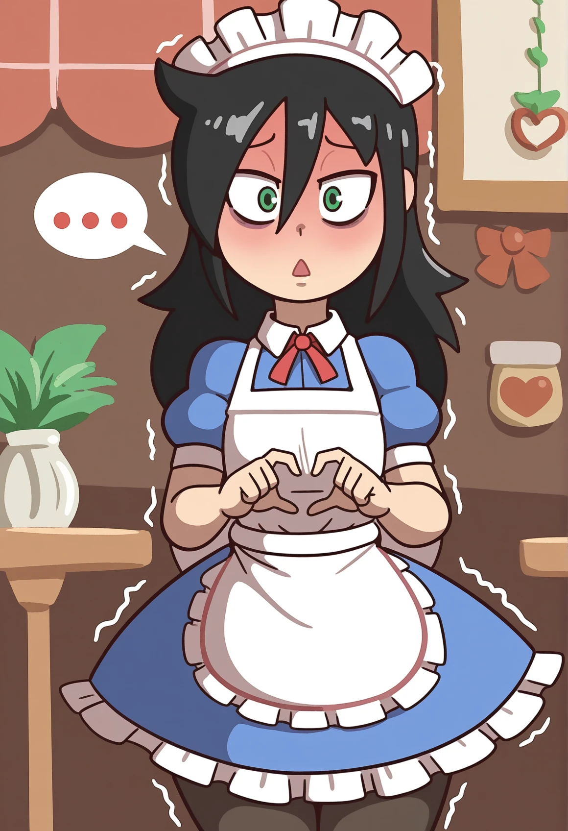 <lora:MCNsKeyKockGifs:1> MCNsVk0keG,1girl, kuroki tomoko, black hair, solo, green eyes, apron, bags under eyes, pantyhose, long hair, white apron, maid headdress, maid, dress, hair between eyes, short sleeves, frills, heart, black pantyhose, alternate costume, looking at viewer, frilled apron, blush, puffy short sleeves, blue dress, maid apron, ribbon, puffy sleeves, bow, red ribbon, ?, enmaided, messy hair, red bow, cowboy shot, triangle mouth, collared dress, ..., neck ribbon, trembling, spoken question mark, spoken ellipsis, frilled dress, back bow, wide-eyed,cafe, red_interior, dutch angle, night,