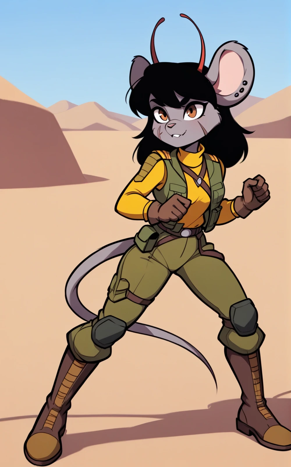 best quality, absurdres,<lora:BolivanteStyleITS:0.8>, <lora:CBMMITS:0.8>, CBMMITS,military, uniform, military uniform, green vest, vest, turtleneck, yellow shirt, green pants, pants, brown boots, boots, scar on face, grey skin, antennae, red antennae, mouse ears,solo,furry female,black hair,slim,breast, brown eyes ,gloves,tail, action pose, desert, rocks,blue sky