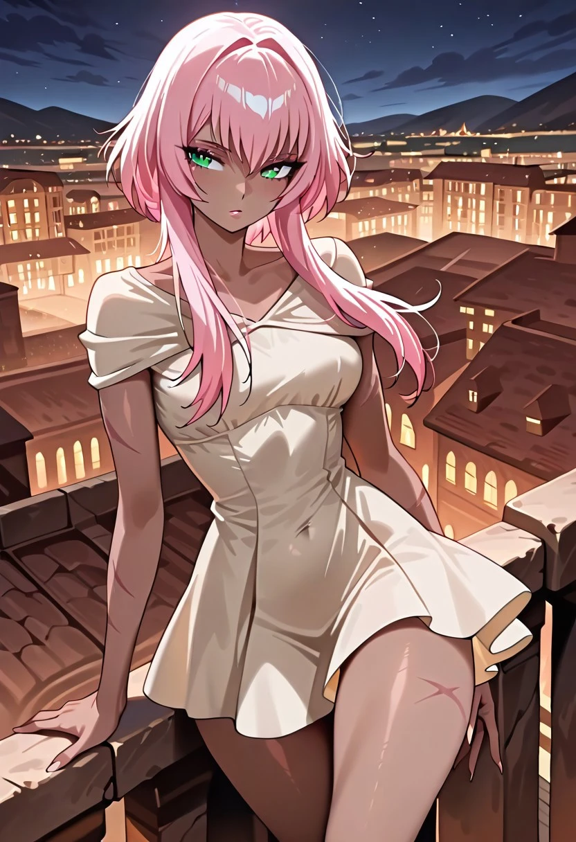 masterpiece, best quality,ancient city view, at night,sonia, 1 female, pink hair, green eyes, short dress, dark skin, scar