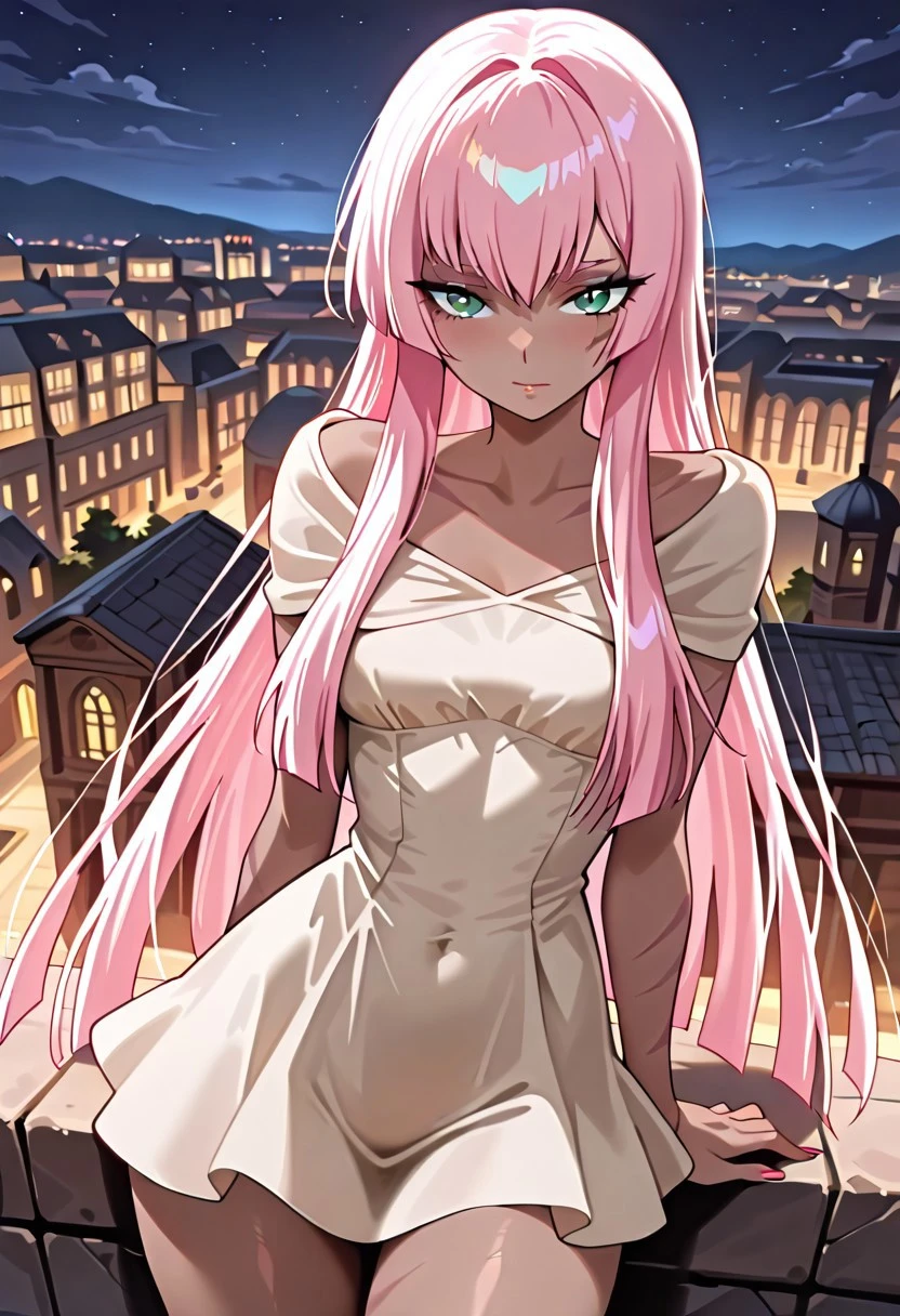 masterpiece, best quality,ancient city view, at night,sonia, 1 female, pink hair, green eyes, short dress, dark skin, scar
