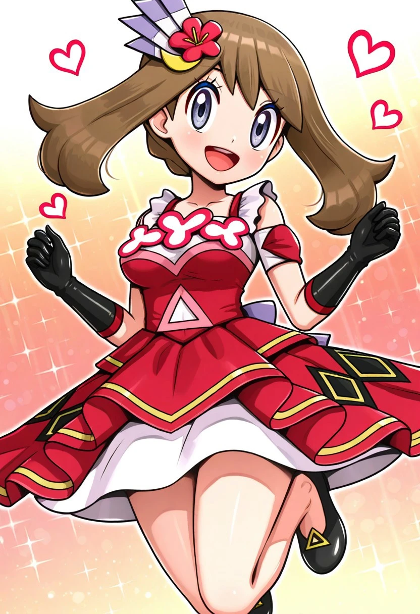 hinosaki, [[pokemoa, gonzarez]], 2d, masterpiece, best quality, amazing quality, highres, absurdres, newest, 1girl, solo, mature female, medium breasts, jumping, multicolored background, sparkle, gradient background, red background, orange background, colorful background, colorful, hearts, medium breasts, mature female, annimay, brown_hair, grey_eyes, hair_ornament, red_dress, short_sleevees, black_gloves, shoes, black_footwear