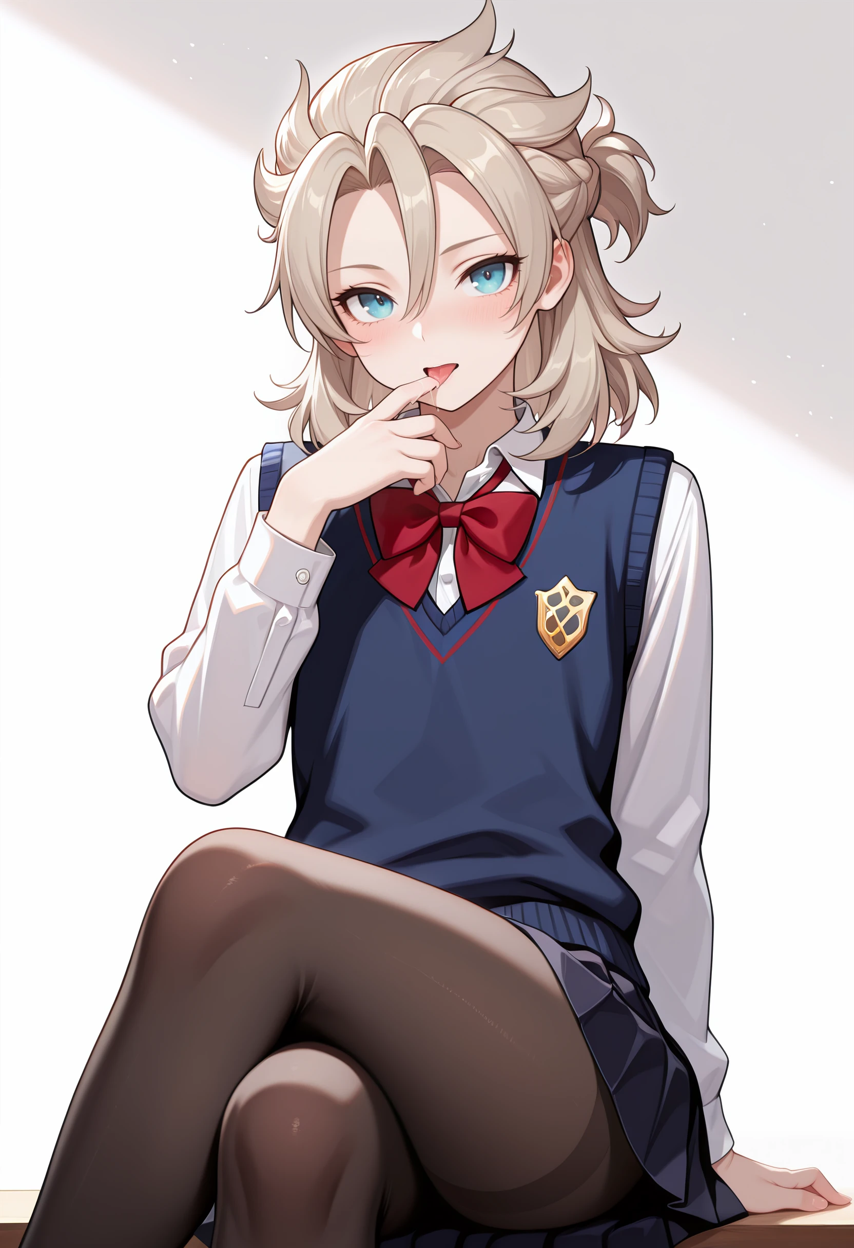 1boy, male focus, amazing quality, high resolution, ultra-detailed, albedo, pantyhose, solo, crossed legs, skirt, crossdressing, shirt, sitting, alternate costume, school uniform, sweater vest, vest, white shirt, licking, hair between eyes, looking at viewer, long sleeves, black pantyhose, pleated skirt, bang, masterpiece, best quality, very aesthetic, absurdres