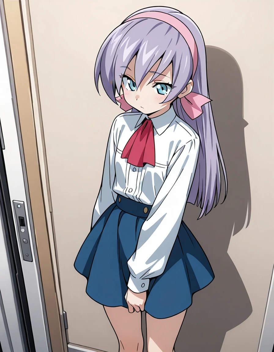 <lora:Lou_Roux:1>, Lou Roux, 1girl, solo, dress, blue eyes, arms behind back, hairband, long hair, bow, belt, cowboy Shot, standing, bowtie, pink dress, barefoot, purple hair, sleeveless, blue hair, looking at viewer, ribbon, sleeveless dress, bangs,
town,
masterpiece, high quality, very_high_resolution, large_filesize, full color,