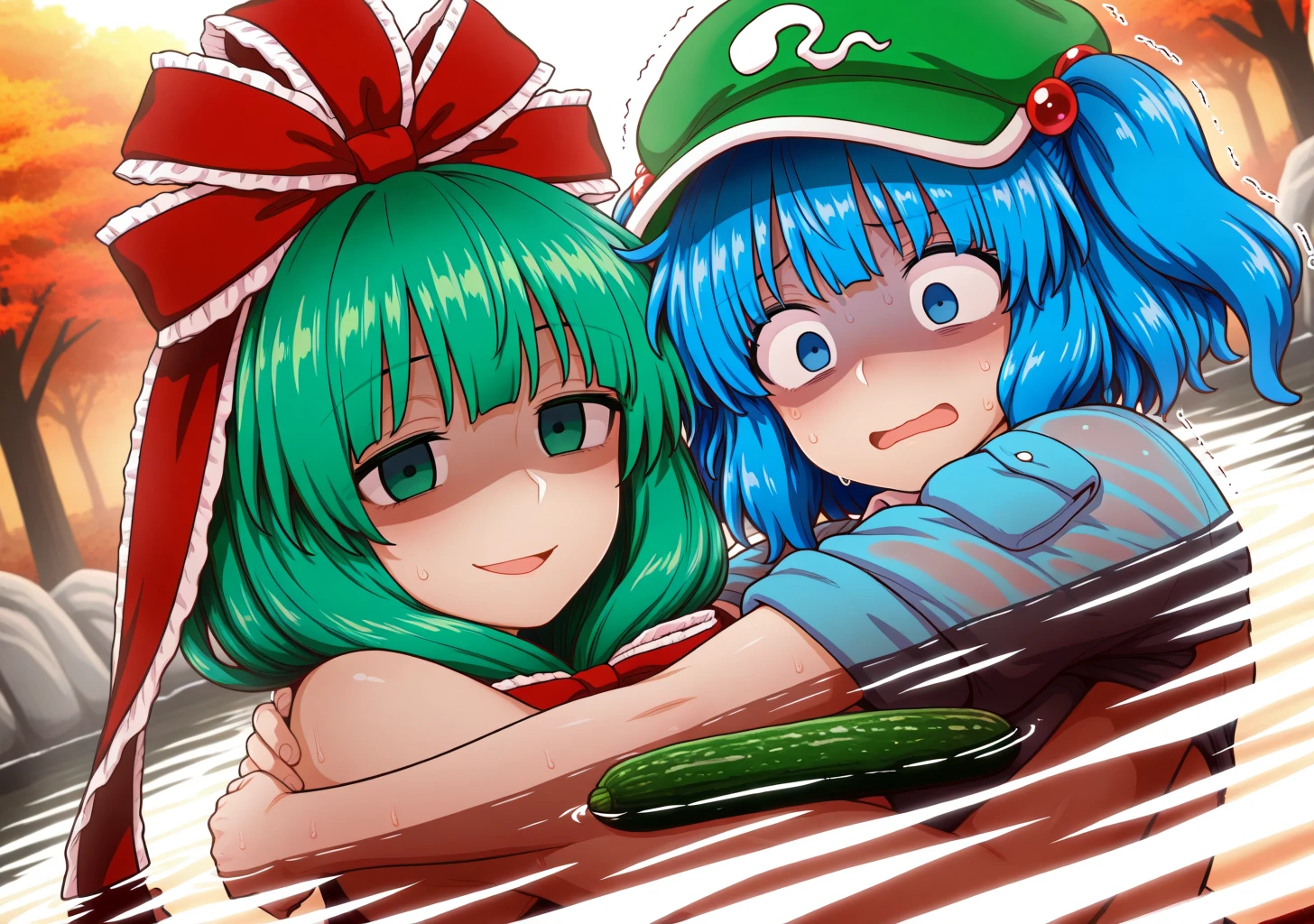 masterpiece, best quality, absurdres, perfect lighting,shiny skin,itou yuuji, <lora:itou_yuuji:1>,2girls,side_by_side,kawashiro nitori, kagiyama hina,wet clothes,hug,(cucumber:1.2), looking at viewer, water, partially submerged, shaded face, scared, constricted pupils,looking down,holding_cucumber,wet,sweat,trembling, upper body, autumn, autumn leaves, sunset,backlighting, shadow, dutch angle,