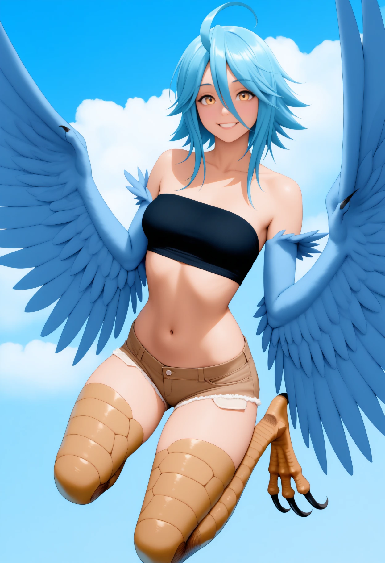newest, solo, 1girl, monster girl, harpy, blue wings, winged arms, feathered wings, bird legs, talons, happy, smile, looking at viewer, flying, midair, blue hair, ahoge, hair between eyes, yellow eyes, black tube top, brown shorts, short shorts, cutoffs,  shoulders, collarbone, stomach, navel, blue sky, cloud
<segment:yolo-Anzhc Face seg 640 v3 y11n.pt,0.5,1//cid=11>