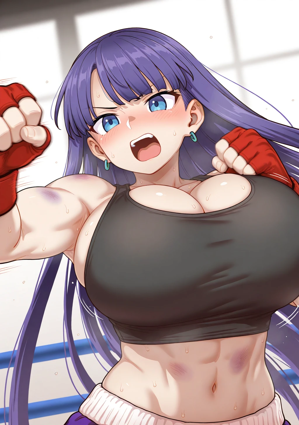 masterpiece, best quality, absurdres, perfect lighting,shiny skin,itou yuuji, <lora:itou_yuuji:1>,1girl,huge breasts,martha \(fate\),abs,black tank top,fit body,earrings,fingerless gloves,sweat,sweat drop,blush,depth of field,boxing ring,cinematic lighting,much sweat,sparring,cowboy shot,fighting pose,fighting stance,punching,motion blur,motion lines,speed lines,dynamic pose,reaching towards viewer,(bruise on stomach:1.3),(bruise:1.2),bruise on face,serious, open mouth, screaming,dutch angle,