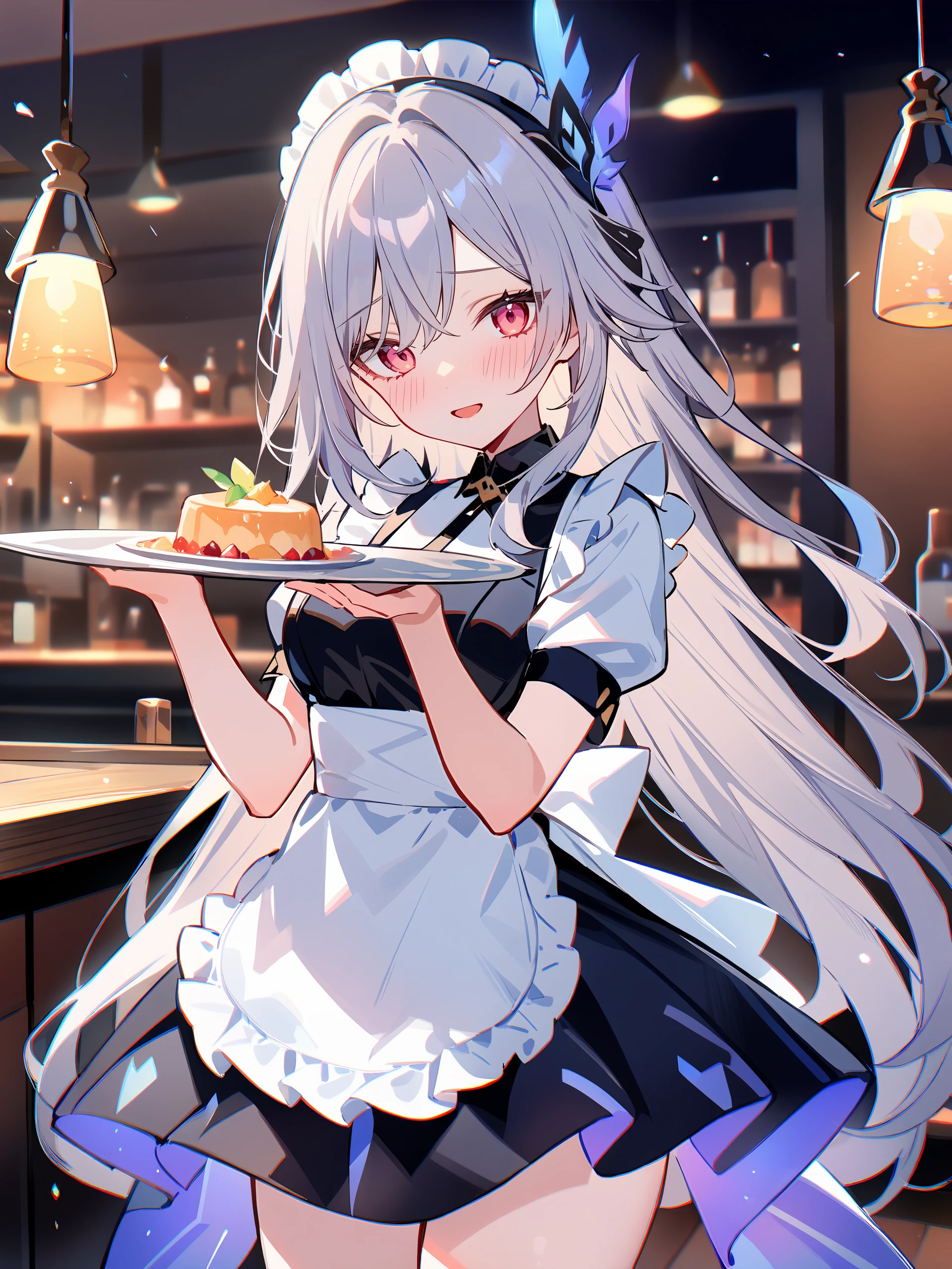 illustration, incredibly absurdres, ultra detailed, masterpiece, best quality, perfect features, intricate details, ray tracing, very aesthetic, (ask \(askzy\), hiten \(hitenkei\):0.7), <lora:Char-Genshin-Skirk-V2-XL:0.9:hr=0.7>, 1girl, solo, skirk \(genshin impact\), solo, maid, maid headdress, maid apron, embarrassed, open mouth, blush, smile, open mouth, holding plate, looking at viewer, cowboy shot, bar \(place\), indoors, depth of field