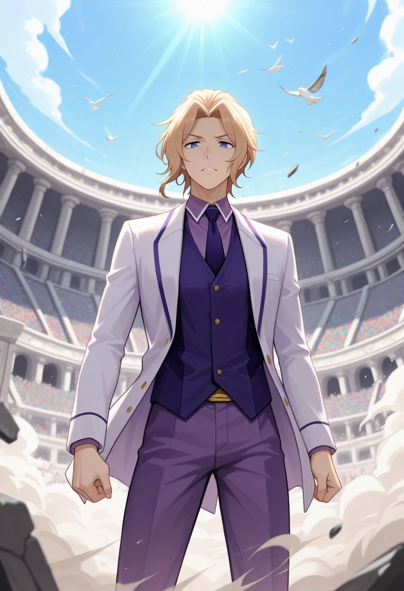 masterpiece, best quality, amazing quality, very aesthetic, high resolution, ultra-detailed, absurdres, newest, colorful, highest detailed, very awa, intricate details, ,, 1boy, solo, male focus, <lora:keith_claes_ilxl:1>, keith_claes, blonde hair, blue eyes, short hair, bangs, white jacket, purple vest, purple jacket, purple shirt, collared shirt, purple necktie, standing, triumphant expression, ancient coliseum, gladiator armor, dramatic sunlight, low angle, cheering crowd \(blurred\), shattered pillars, dust clouds, soaring birds, epic, historical, detailed stone work, sharp focus, vibrant sky, clear air