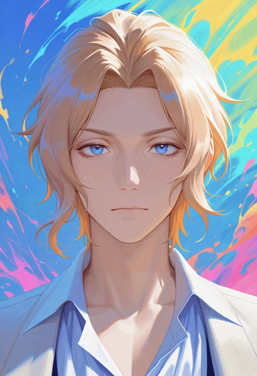 masterpiece, best quality, amazing quality, very aesthetic, high resolution, ultra-detailed, absurdres, newest, colorful, highest detailed, very awa, intricate details, (realistic:0.6), looking at viewer, 1boy, solo, male focus, <lora:keith_claes_ilxl:1>, keith_claes, blonde hair, blue eyes, short hair, bangs, ,