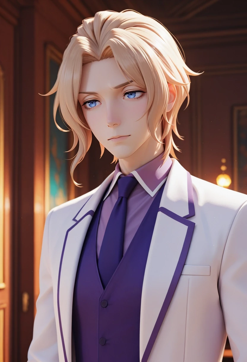 masterpiece, best quality, amazing quality, very aesthetic, high resolution, ultra-detailed, absurdres, newest, colorful, highest detailed, very awa, 3d, 1boy, solo, male focus, <lora:keith_claes_ilxl:0.98>, keith_claes, blonde hair, blue eyes, short hair, bangs, white jacket, purple vest, purple jacket, purple shirt, collared shirt, purple necktie,