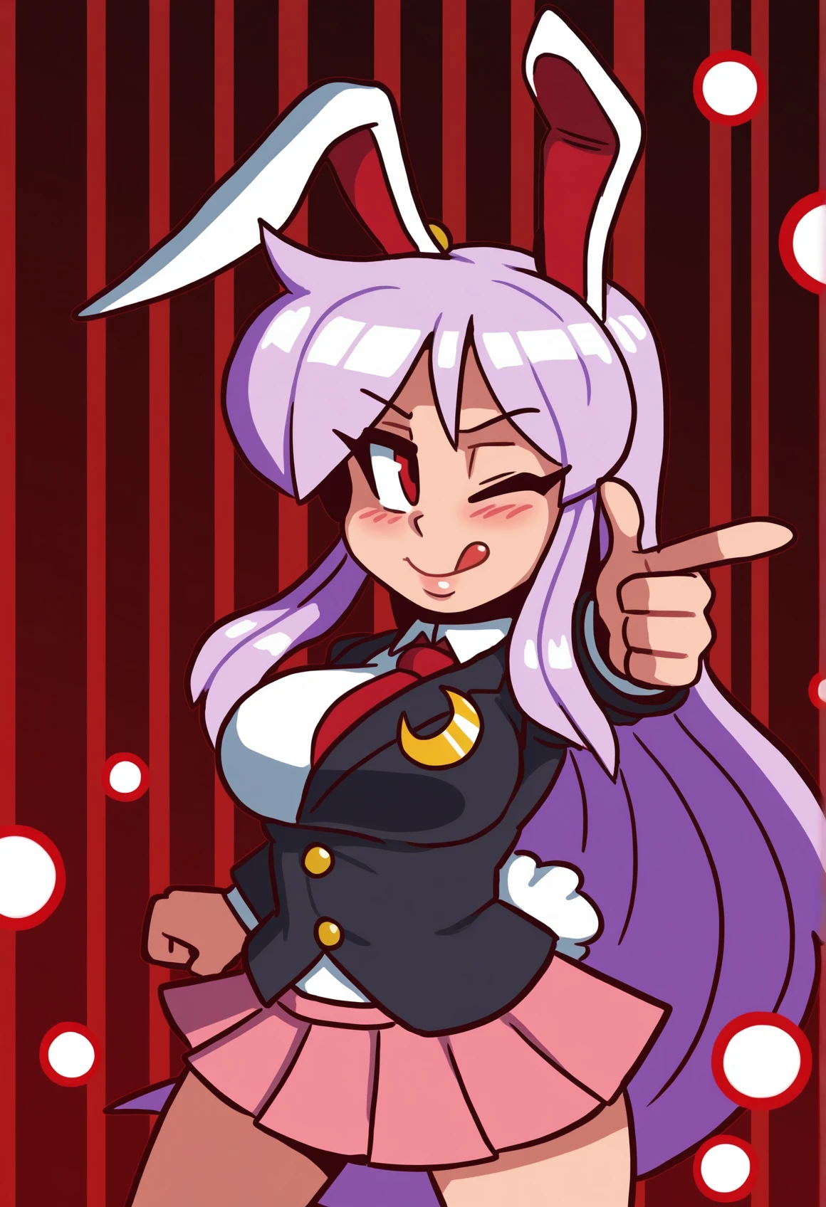 <lora:MCNsKeyKockVids:1> MCNsVk0keV,1girl, reisen udongein inaba, pointing at viewer,finger gun, danmaku, animal ears, solo, rabbit ears, long hair, skirt, necktie, tongue, one eye closed, tongue out, jacket, finger gun, crescent, shirt, red necktie, blazer, crescent pin, purple hair, rabbit girl, red eyes, collared shirt, pleated skirt, looking at viewer, smile, cowboy shot, white shirt, long sleeves, tail, very long hair, rabbit tail, ;q, pointing, black jacket, blush, buttons, closed mouth, , striped background,black background,