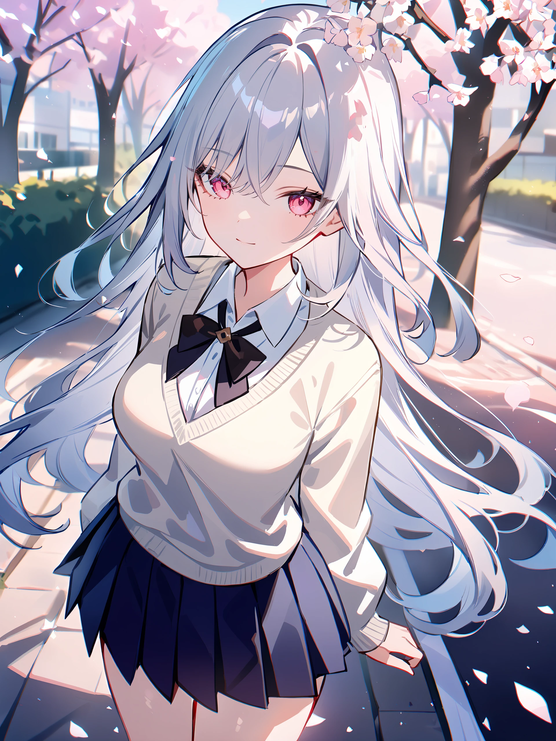 illustration, incredibly absurdres, ultra detailed, masterpiece, best quality, perfect features, intricate details, ray tracing, very aesthetic, (ask \(askzy\), hiten \(hitenkei\):0.7), <lora:Char-Genshin-Skirk-V2-XL:0.9:hr=0.7>, 1girl, solo, skirk \(genshin impact\), solo, school uniform, white shirt, sweater, pleated skirt, light smile, looking at viewer, outdoors, street, cherry blossoms, petals, depth of field
