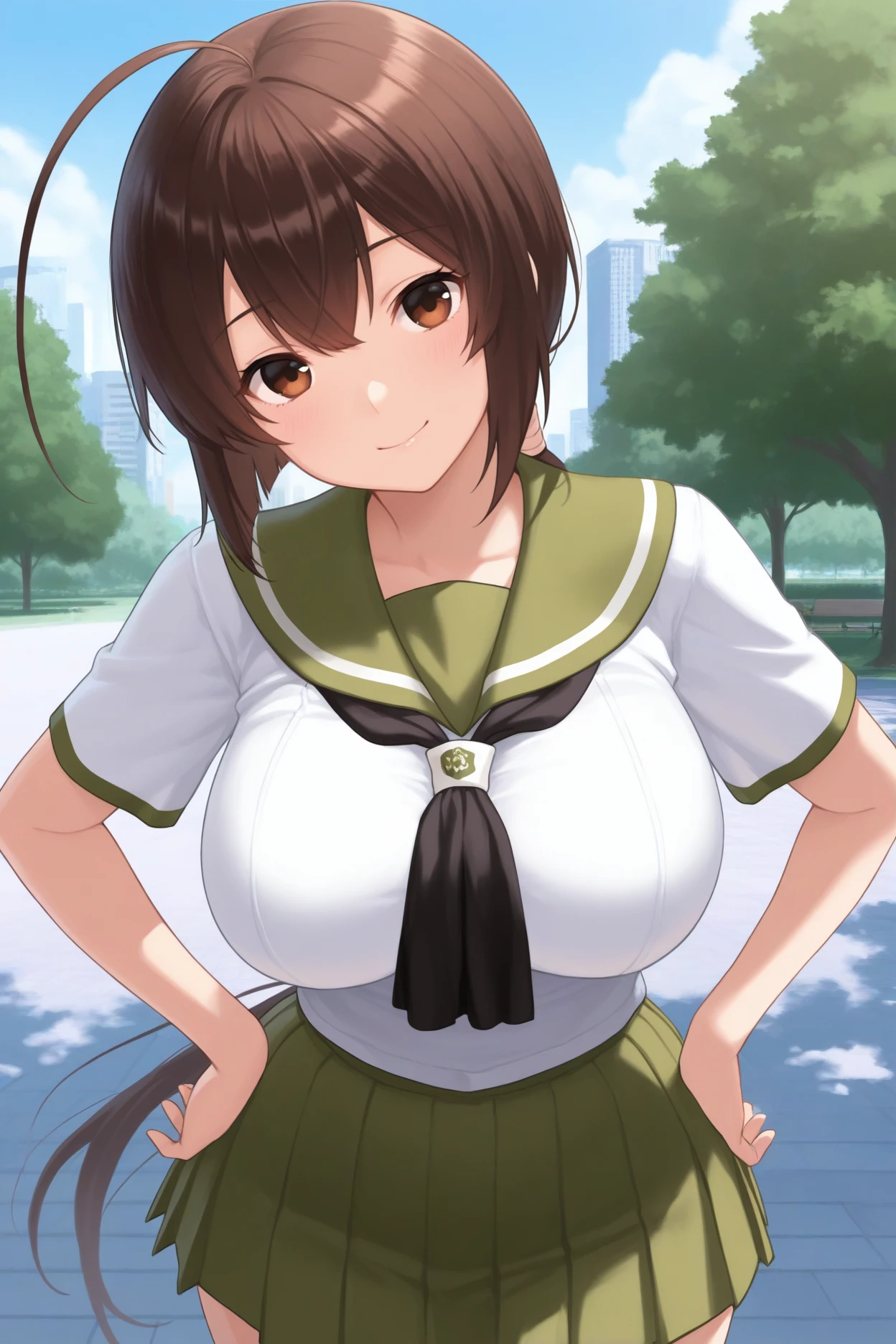 (nsfw), masterpiece, highest quality, High resolution, anxiety, short hair, Purple Eyes, (Topless:1.5), (tits:1.5), (Big Breasts:1.5), , Green bow tie, Collared shirt, White shirt, Sweater vest, Yellow vest, Short sleeve, Checked skirt, Green Skirt, Put your arms behind your back, Leaning forward, Are standing, Outdoor, smile, Open your mouth, cherry blossoms,