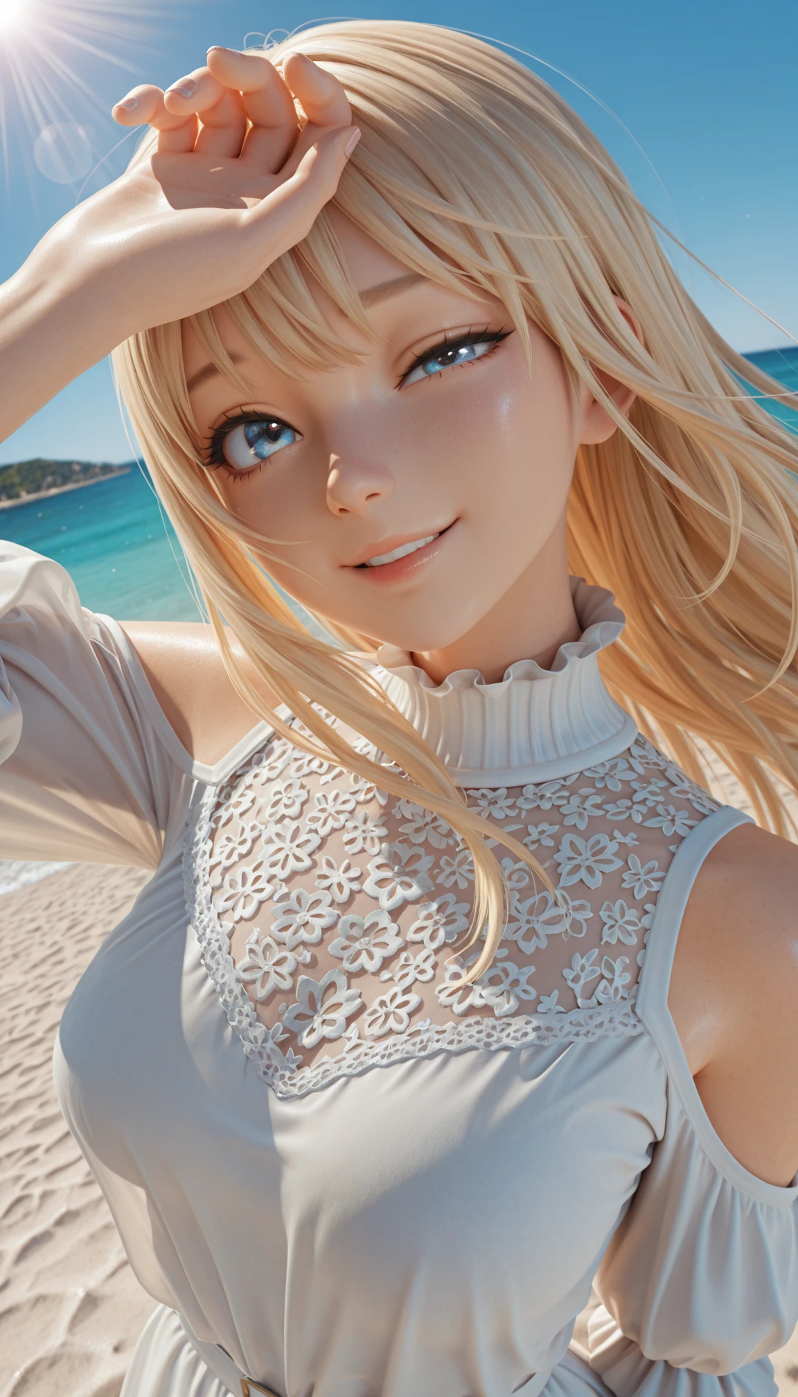 masterpiece, best quality, amazing quality, 4k, very aesthetic, high resolution, ultra-detailed, absurdres, newest, scenery, 3d, rendered, backlit, 1girl, solo, blonde hair, long hair, choppy bangs, blue eyes, uneven eyes, upturned eyes, parted lips, smile, medium breasts, turtleneck (lace-trimmed:1.2) frilled puffy sleeve white dress, shoulder cutout, see-through_silhouette, shiny eyes, hand on own forehead, head tilt, fisheye, upper body, portrait, dutch angle, from above, dynamic, beach, blue sky, island, floating hair, BREAK, hands, fingers, (dappled sunlight, sunburst, lens flare:1.2), vignetting, dramatic shadow, cinematic lighting, rim light, detailed background, depth of field, vignetting, volumetric lighting