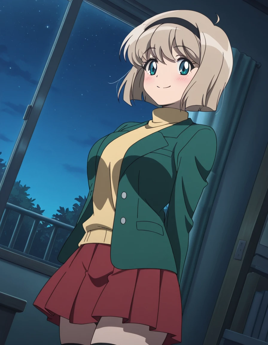 masterpiece, best quality, detailed background, detailed face, anime screencap, <lora:Miki_Hosokawa_-_Jigoku_Sensei_Nube_2025:1>, cowboy shot, dutch angle, 1girl, solo, arms akimbo, Miki H25, light brown hair, short hair,bangs, green eyes, black hairband, large breast, slim waist, green jacket, yellow turtle neck sweater, red skirt, black thighhighs , female bedroom, indoors, night time, smile, closed mouth, seductive, looking at viewer, warm light