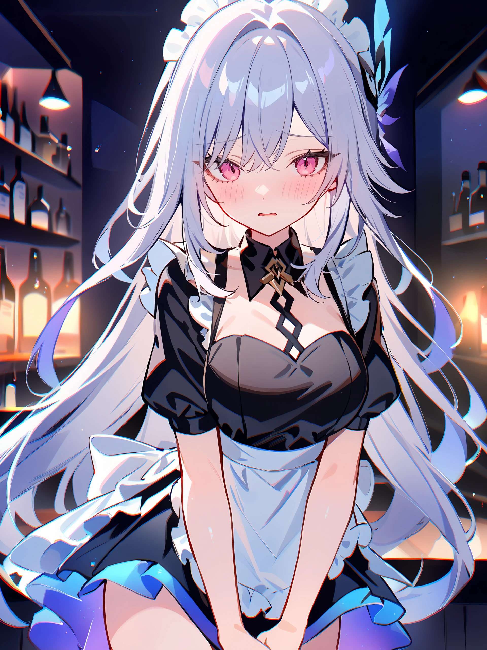 illustration, incredibly absurdres, ultra detailed, masterpiece, best quality, perfect features, intricate details, ray tracing, very aesthetic, (ask \(askzy\), hiten \(hitenkei\):0.7), <lora:Char-Genshin-Skirk-V2-XL:0.9:hr=0.7>, 1girl, solo, skirk \(genshin impact\), solo, maid, maid headdress, maid apron, embarrassed, open mouth, blush, parted lips, looking at viewer, cowboy shot, bar \(place\), indoors, depth of field