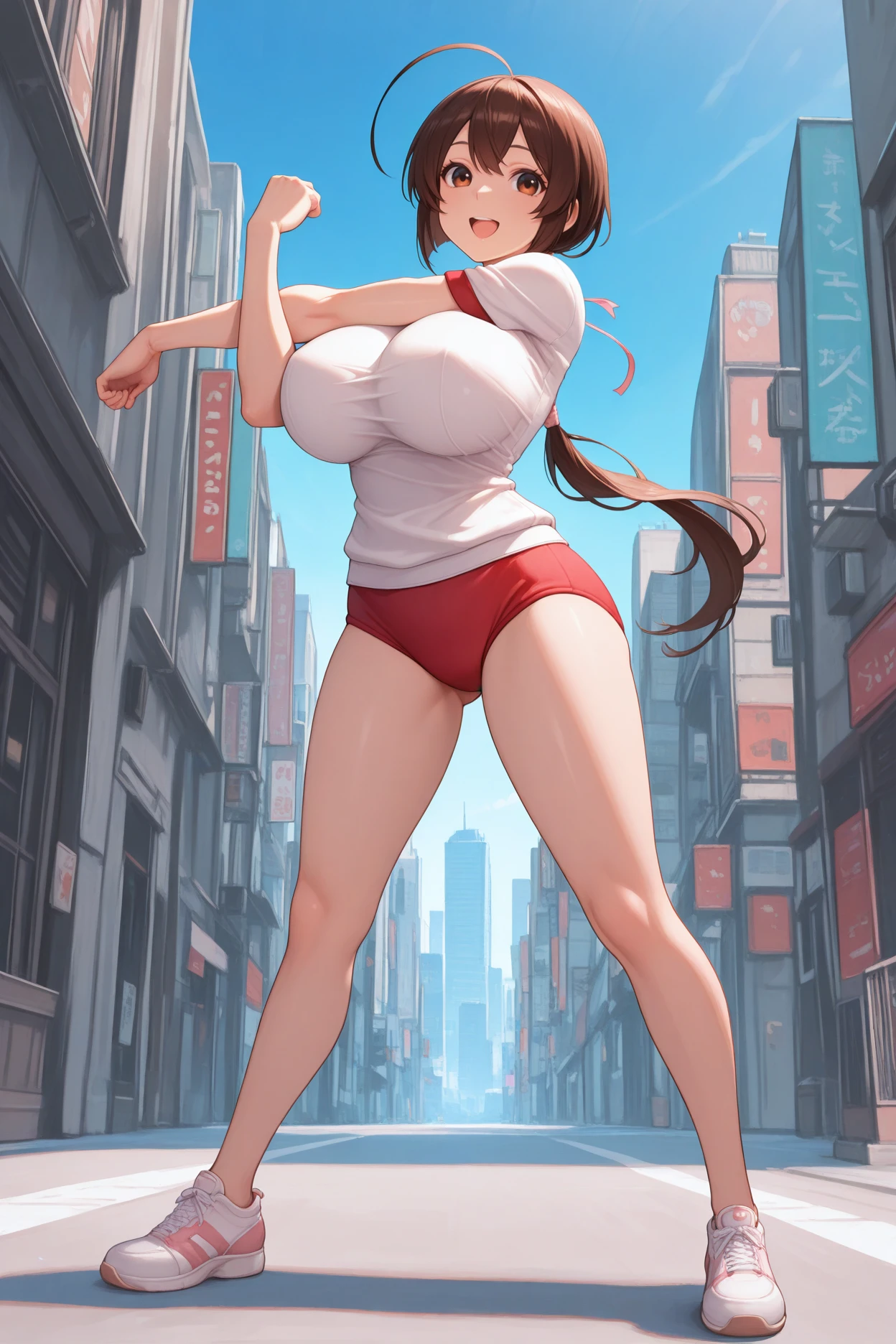 masterpiece, best quality, shiranui mai, brown eyes, long hair, brown hair, white ribbon, sleeveless, ponytail, sash, pelvic curtain, arm guards, gloves, tabi, day, (huge breasts), cleavage, shiny, shiny skin, (mature female), wide hips, huge thighs, long legs, <lora:shiranui maiV1:0.6>
(Glowing brown eyes:1.2), beautiful brown eyes,
building beneath hands:1.50, building between legs, destroying a building with hands,
detailed eyes, perfect eyes, beautiful eyes, perfect face, aroused, horny, blushing, perfect arms, perfect hands, perfect face, perfect legs, perfect thighs, ground view, from below, groundview, low angle, looming, perspective, looking down:1.5, looking at the ground, hunched over:2, bent over:2, <lora:giantess:0.8>, blue sky, leaning forward:2, leaning over:2, city, giga giantess, gts, giantess destroying a cityscape, destruction, rampage, huge craters, ravines, cracks in the ground, earthquake, smoke, fire, destroyed city, ruins, rubble, debris, crumbling, destroyed buildings, knocked over buildings, toppled skyscrapers, crumbling buildings, falling buildings, rampage in the city, destruction in the city, destroyed cityscape <lora:ThickerLines_RM_v1:0.5>