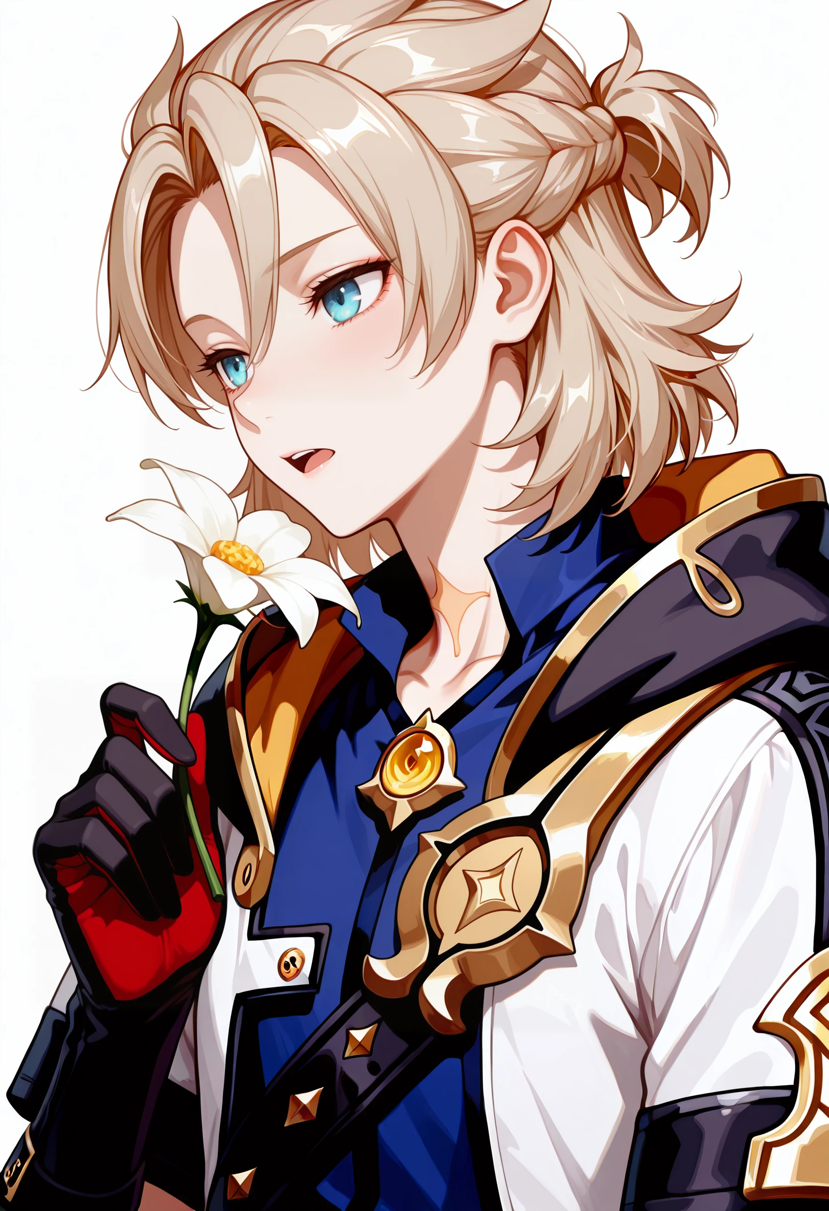 1boy, male focus, amazing quality, high resolution, ultra-detailed, albedo, gloves, flower, solo, holding, simple background, black gloves, white background, bangs, white flower, scar on neck, blue shirt, upper body, shirt, hood, holding flower, open mouth, hood down, coat, scar, short sleeve, masterpiece, best quality, very aesthetic, absurdres