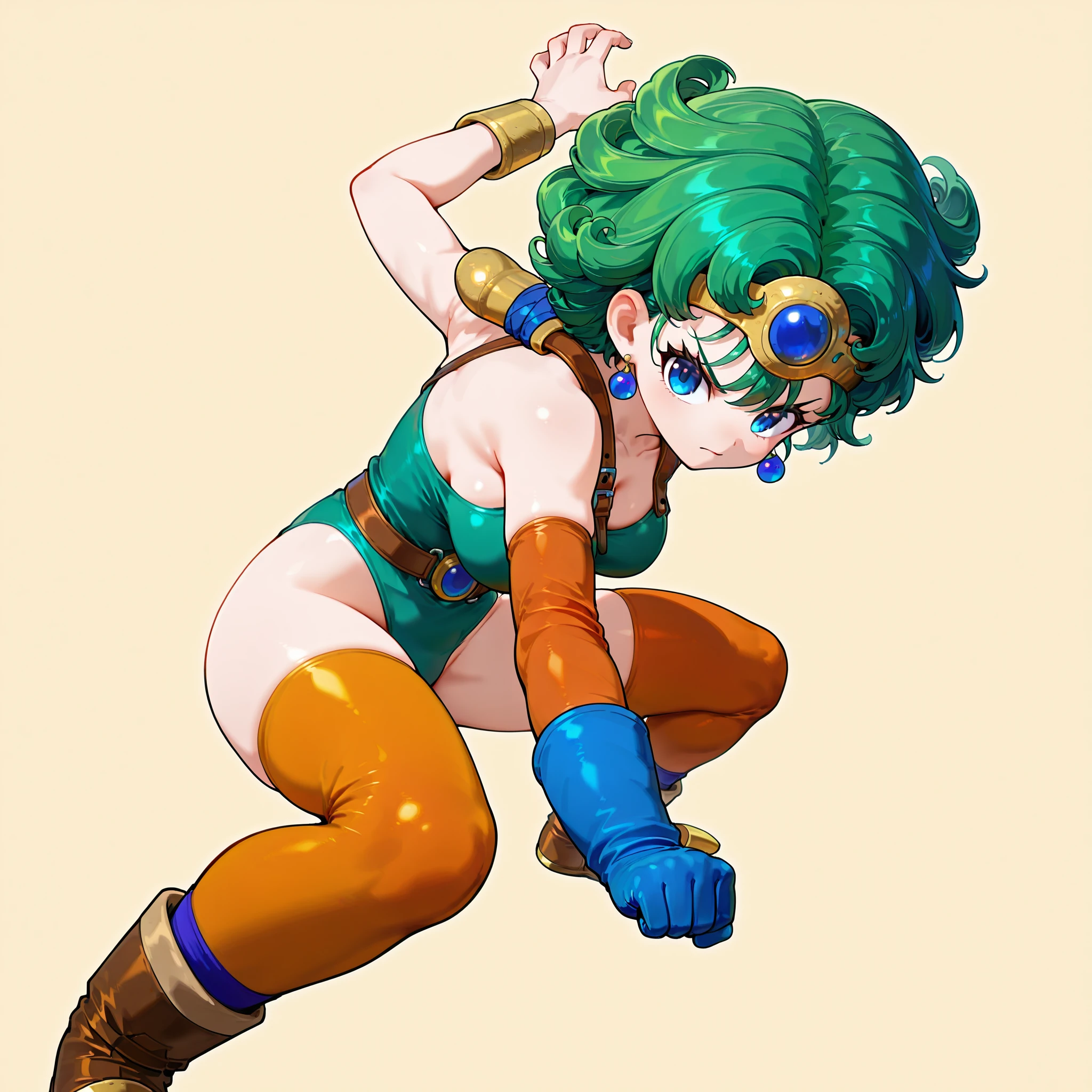 1girl,simple background,, masterpiece, best quality, amazing quality, newest,detailed face, beautiful eye, ,<lora:songokuPoseV1_illustrious:0.8>,,goku_pose_1, squatting pose, fighting stance, full body, right arm outstretched, left hand clenched into fist, legs apart, upper body leaning forward, facing forward,serious expression,, <lora:Heroine_dq4_(Character)_ILXL:1>,heroine (dq4), dragon quest, dragon quest iv,eyelashes, nose, short hair, blue eyes, green hair, curly hair, gem, tiara,breasts, large breasts,gloves, cleavage, bare shoulders, collarbone, jewelry, asymmetrical clothes, single elbow glove, green leotard, bracer, strap, blue leotard, blue gloves, circlet, single glove, strapless leotard, strapless, earrings, belt, elbow gloves, bracelet, leotard,thighhighs, thighs, groin, highleg, single thighhigh, highleg leotard, asymmetrical legwear, thighlet, orange thighhighs,