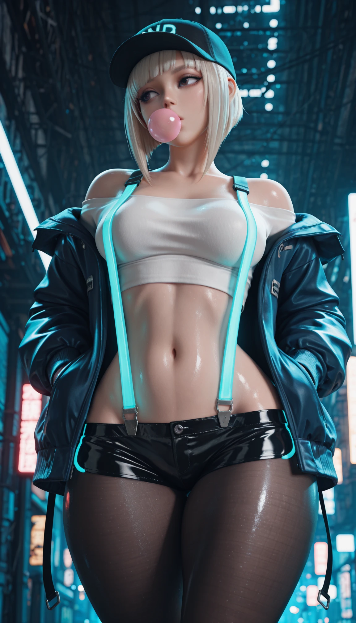 masterpiece, best quality, amazing quality, 4k, very aesthetic, high resolution, ultra-detailed, absurdres, newest, scenery, 3d, rendered, very awa, neon rim light, dark, 1girl, shiny dark eyes, platinum blonde,inverted bob, sidelocks over shoulder, oversized baseball cap, chewing gum, medium breasts, crop top white shirt, midriff, navel, dark blue open jacket, off-shoulder, wide hips, huge butt, thick thighs, skindentation (lowleg:1.2) black latex short shorts, black pantyhose, (glowing neon suspenders:1.2), looking away, hands in jacket pockets, walking, twisty pose, head tilt, wide shot, cowboy shot, from below, dutch angle, dynamic, face focus, fine fabric emphasis, shiny skin, cyberpunk, BREAK, eyes, detailed eyes, depth of field, volumetric lighting, photorealistic details