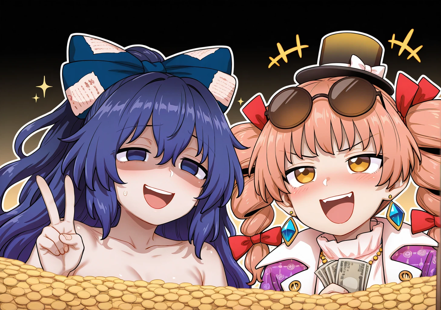 masterpiece, best quality, absurdres, perfect lighting,shiny skin,itou yuuji, <lora:itou_yuuji:1>,,2girls,side_by_side,yorigami shion,yorigami jo'on,sparkle print dress,gold coin, gold, jewelry, gem, hand on another's shoulder, v, smile,laughing,open mouth, eyewear on head, sunglasses, bathing,<lora:money_bath-10:1>,looking up, laughing, open mouth,happy, black background, glowing,+++,evil smile,holding money, money,