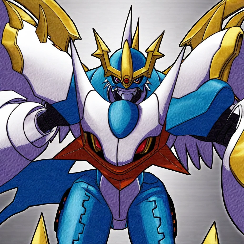 "Powerful barbarian with insect-like angelic armor, reminiscent of Digimon and Guyver, joins forces with a group of sentai heroes. The robot girl with huge breasts adds an overwhelming presence to the scene."