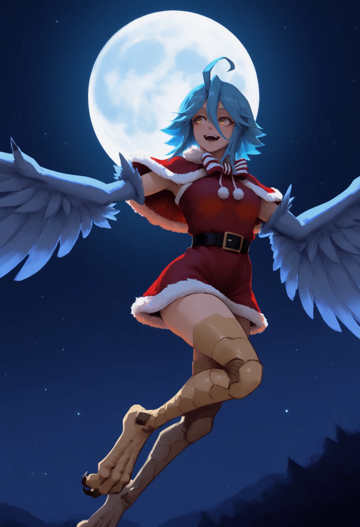 newest, painterly, solo, 1girl, monster girl, harpy, blue wings, winged arms, feathered wings, bird legs, talons, :d, teeth, looking away, flying, blue hair, ahoge, hair between eyes, yellow eyes, red capelet, fur-trimmed capelet, striped bowtie, short dress, red dress, santa dress, fur-trimmed dress, black belt, night, star \(sky\), starry sky, full moon
<segment:yolo-Anzhc Face seg 640 v3 y11n.pt,0.5,1//cid=11>