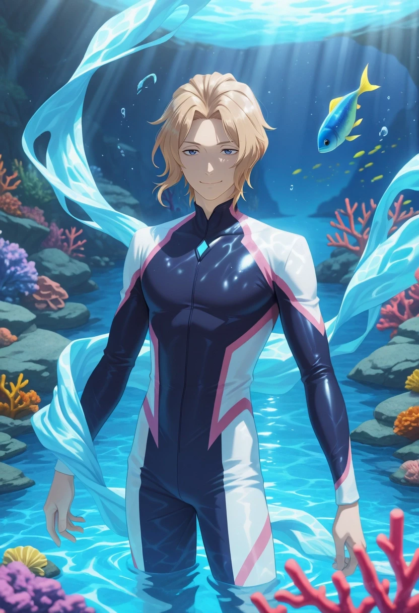 masterpiece, best quality, amazing quality, very aesthetic, high resolution, ultra-detailed, absurdres, newest, colorful, highest detailed, very awa, anime screencap, official style, anime coloring, cowboy shot, 1boy, solo, male focus, <lora:keith_claes_ilxl:0.98>, keith_claes, blonde hair, blue eyes, short hair, bangs, , floating, calm smile, coral reef panorama, sleek diving suit, bioluminescent fish, dappled sunlight shafts, eye level view, flowing fabric tendrils, scattered seashells, gentle bubbles, detailed water refraction, vibrant colors, high fidelity, wide angle lens, realistic rendering, 8k detail, serene mood, immersive depth