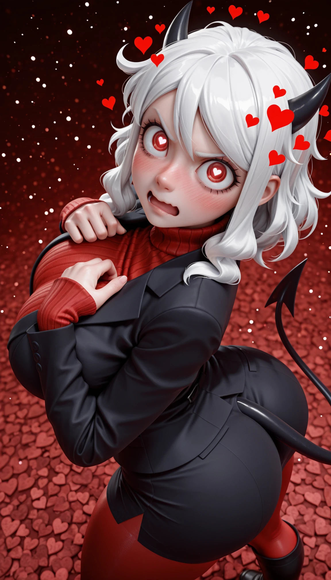masterpiece, best quality, amazing quality, 4k, very aesthetic, high resolution, ultra-detailed, absurdres, newest, scenery, 3d, rendered, 1girl, solo, cute, modeus\(helltaker\), helltaker, demon girl, black demon tail, red eyes, very big eyes, ringed eyes, heart-shaped pupils AND sanpaku, angry, anger, blush, surprised, v-shaped eyebrows, wide-eyed, open mouth, wavy mouth, black demon horns, short white hair, messy hair, heavy nose blush, huge breasts, undersized formal black jacket, tight black suit, skindentation red turtleneck ribbed sweater sleeves past wrists, wide hips, large ass, large butt, narrow waist, thick thighs, business skirt, red pantyhose, black knee boots, hearts, looking at viewer, (upturned eyes:1.1), hands on own chest, breast suppress, contrapposto, legs apart, head tilt, hip tilt, twisted torso, leaning forward, arched back, from above, dutch angle, upper body, portrait, close-up, face focus, (fine fabric emphasis, detailed clothes:1.2), heart particles, [red background:helltaker background:11], wide shot, BREAK, detailed eyes, vignetting, detailed background, depth of field, volumetric lighting, ray tracing
