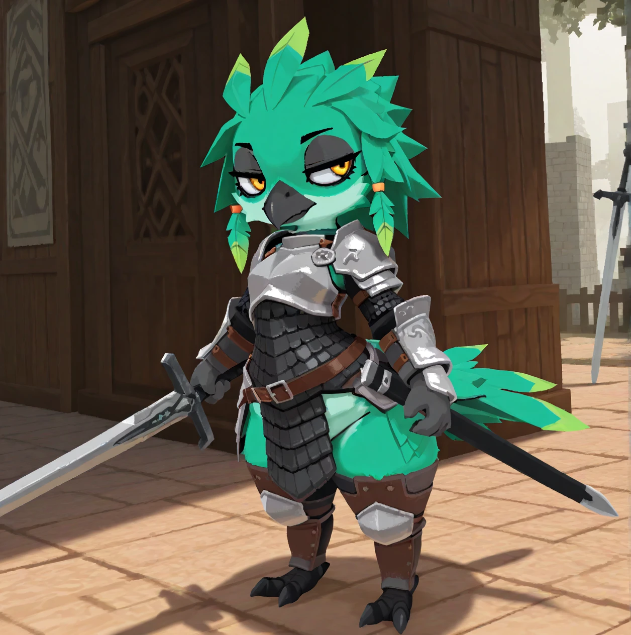 masterpiece, best quality,( atlysstyle, low poly:1.2), pixelated,
anthro, furry, solo
avian, armor, sword, green feathers, yellow eyes, half-closed eyes,
<lora:style_atlyss_noob_v1:1>