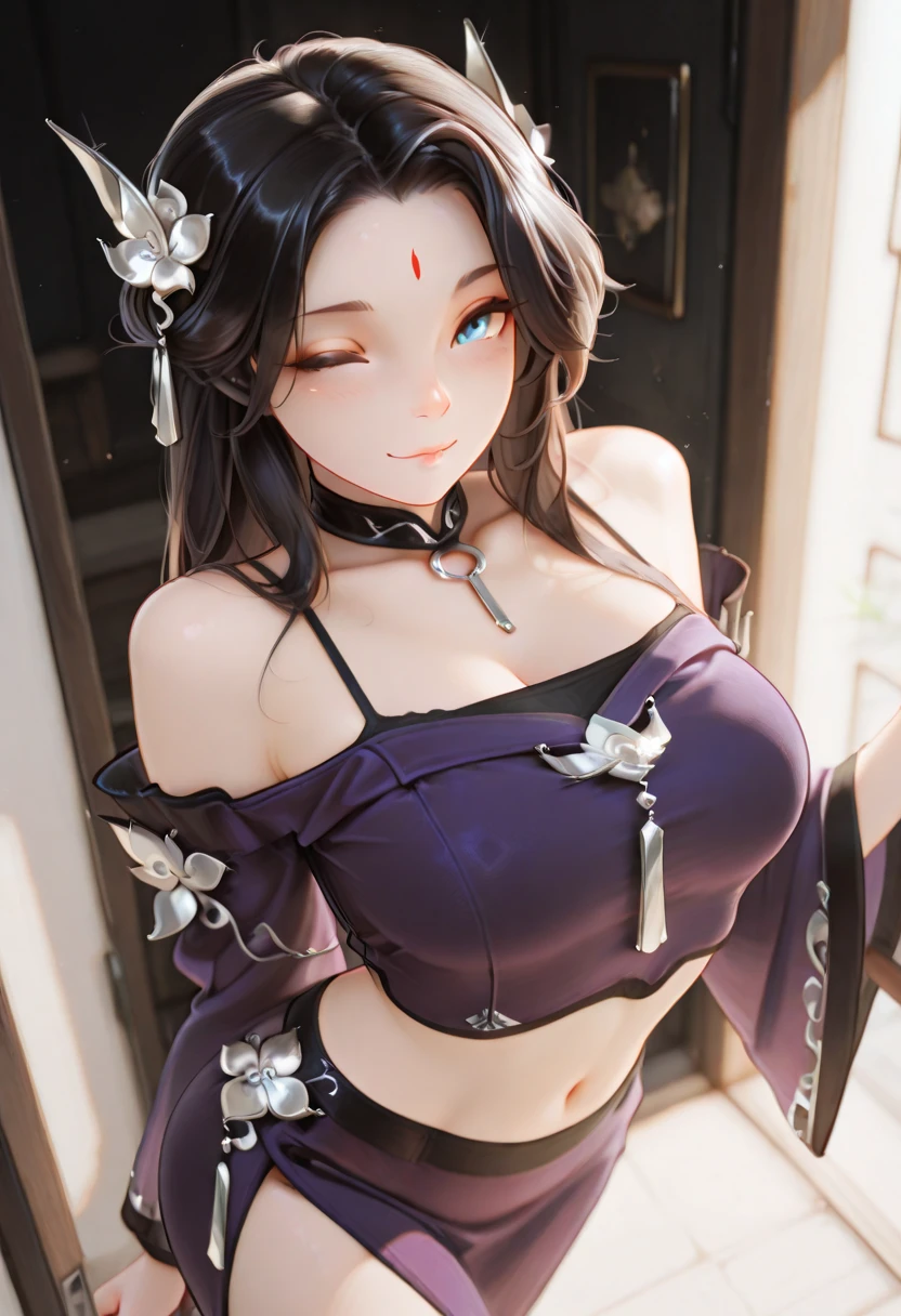 <lora:crop_shirt_underboob:1>, crop shirt underboob, crop top,underboob, (masterpiece, sidelighting, finely detailed eyes:1.2), masterpiece*portrait, realistic, 3d face, LUSTROUS SKIN, best quality, ultra-detailed, epic lighting, (8k:1.1), <lora:HoshinoAi_v9:1>, Hoshino Ai, long hair, purple hair, streaked hair ,purple eyes, star-shaped pupils, hair ornament,