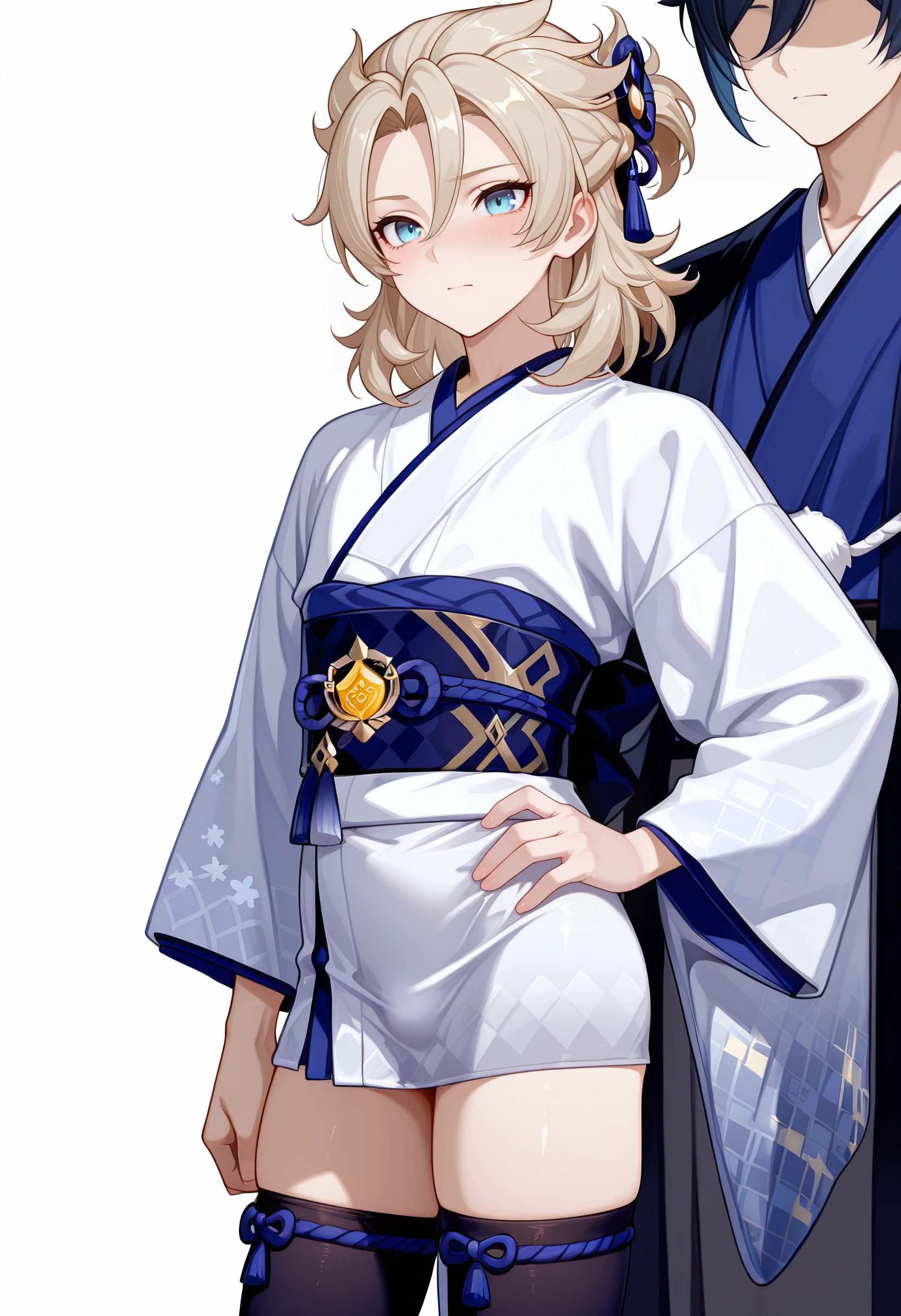 male focus, multiple boys, 2boys, (genshin impact:1.1), amazing quality, high resolution, ultra-detailed, albedo, cosplay, japanese clothes, simple background, thighhighs, bangs, white background, crossdressing, vision, closed mouth, kimono, hair between eyes, tassel, hair ornament, sash, obi, wide sleeves, alternate costume, hand on hip, long sleeve, masterpiece, best quality, very aesthetic, absurdres
