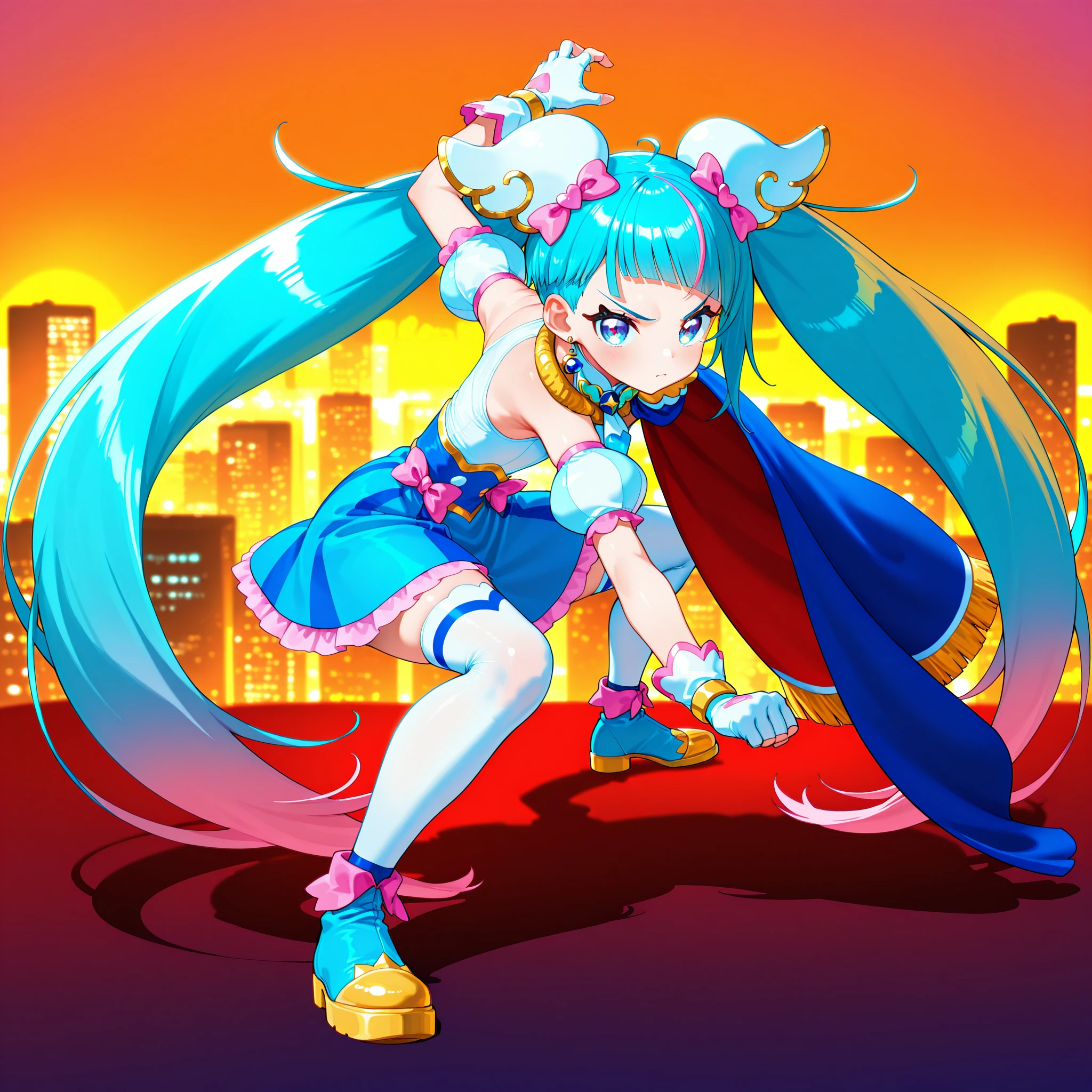 1girl,city, masterpiece, best quality, amazing quality, newest,detailed face, beautiful eye, ,<lora:songokuPoseV1_illustrious:0.9>,,goku_pose_1, squatting pose, fighting stance, full body, right arm outstretched, left hand clenched into fist, legs apart, upper body leaning forward, facing forward,serious expression,, <lora:ill_curesky:1>,curesky,hair ornament, earrings, brooch, multicolored clothes, puffy detached sleeves, bare shoulders, cape,
blue skirt, pink bow, white fingerless gloves, white thighhighs, zettai ryouiki, blue footwear, blue eyes, symbol in eyes,
multicolored hair, blue hair, twintails, very long hair, flat chest,
