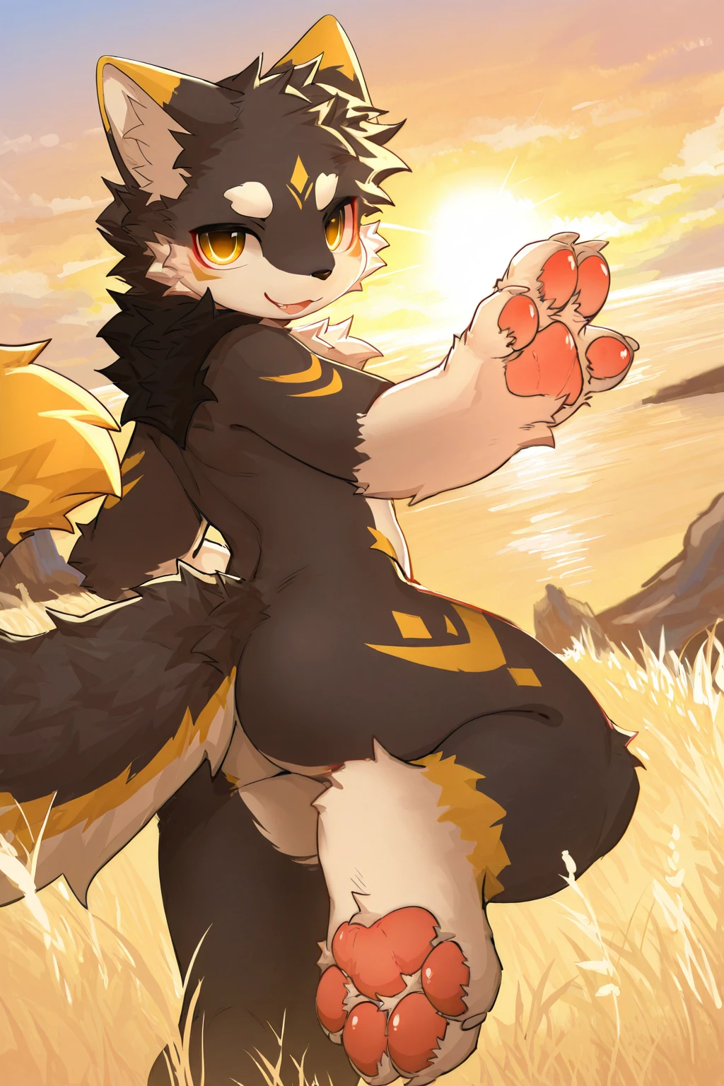 (masterpiece),(best quality),(very aesthetic),absurdres,<lora:HLG7777_Kemono_Style_Illustrious_XL_v10:1>,hlg7777,kemono,
1boy,solo,furry,furry male,animal feet,nude,pawpads,tail,looking at viewer,outdoors,<lora:NIJI V6 (Midjourney):0.8>,niji,
