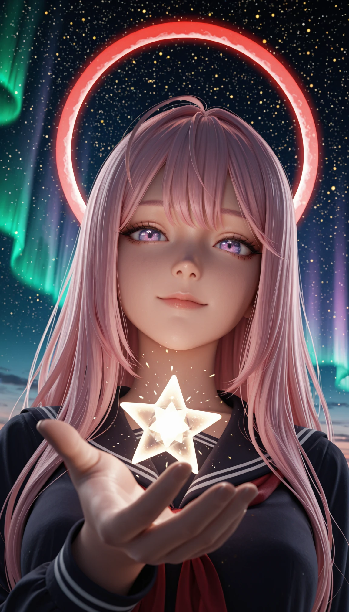 masterpiece, best quality, amazing quality, 4k, very aesthetic, high resolution, ultra-detailed, absurdres, newest, scenery, 3d, rendered, 1girl, solo, fashion photography of busty cute girl, (cute:1.2), pink hair, long hair, choppy bangs, nebulae cosmic purple eyes, rimlit eyes, light smile, purple serafuku, big red ribbon, red annular solar eclipse halo, glowing star in hand, from below, dutch angle, portrait, upper body, head tilt, colorful, rim light, backlit, (colorful light particles:1.2), cosmic sky, aurora, chaos, perfect night, fantasy background, BREAK, detailed background, blurry foreground, bokeh, depth of field, volumetric lighting