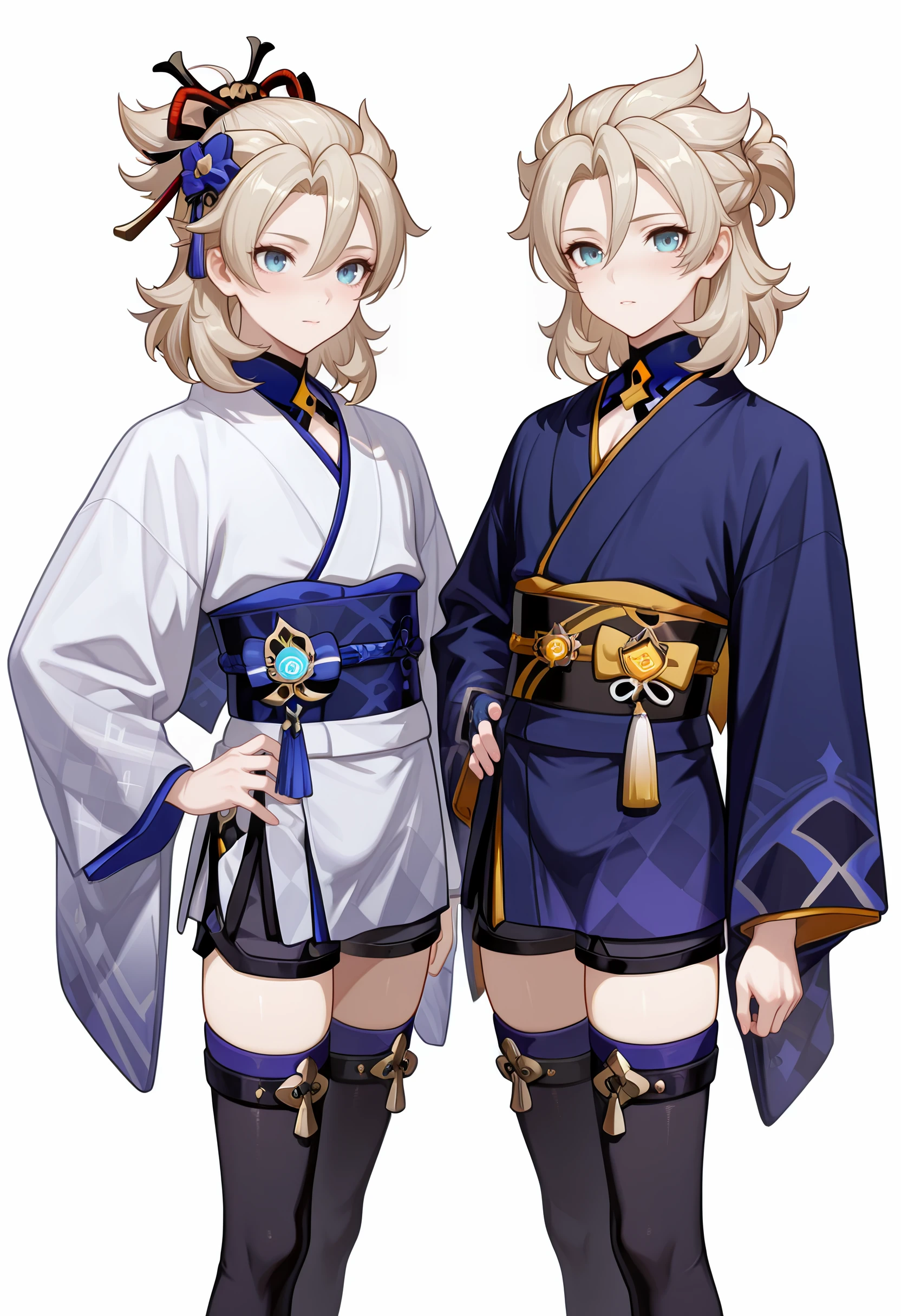 male focus, multiple boys, 2boys, (genshin impact:1.1), amazing quality, high resolution, ultra-detailed, albedo, cosplay, japanese clothes, simple background, thighhighs, bangs, white background, crossdressing, vision, closed mouth, kimono, hair between eyes, tassel, hair ornament, sash, obi, wide sleeves, alternate costume, hand on hip, long sleeve, masterpiece, best quality, very aesthetic, absurdres