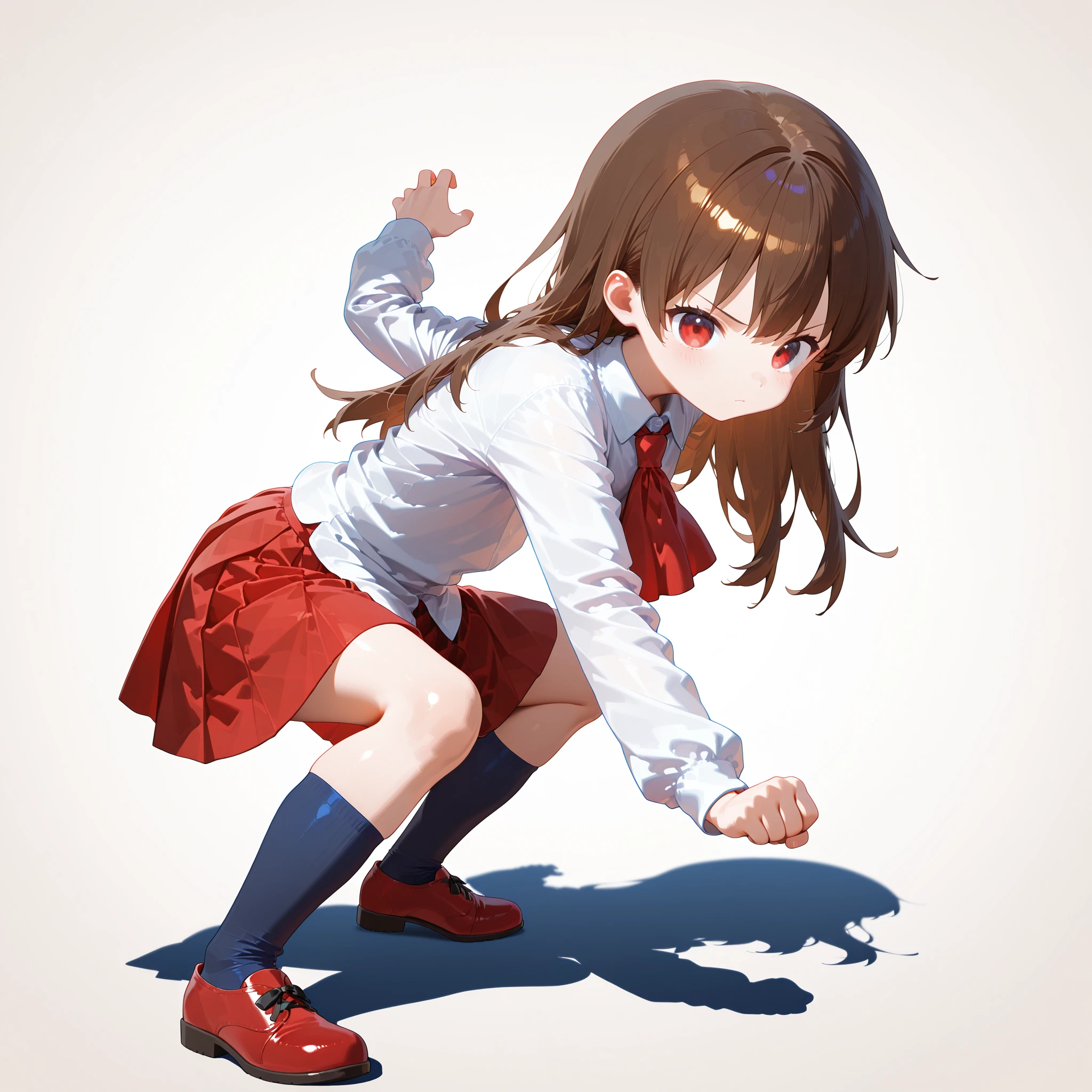 1girl,simple background,, masterpiece, best quality, amazing quality, newest,detailed face, beautiful eye, ,<lora:songokuPoseV1_illustrious:0.8>,,goku_pose_1, squatting pose, fighting stance, full body, right arm outstretched, left hand clenched into fist, legs apart, upper body leaning forward, facing forward,serious expression,, 1girl,ib, ib (ib), solo, flat_chest, expressionless, bangs, long hair, brown hair, red eyes, shirt, skirt, long sleeves, white shirt, pleated skirt, shoes, collared shirt, socks, ascot, kneehighs, red skirt, black socks, red footwear, red ascot, blue socks,