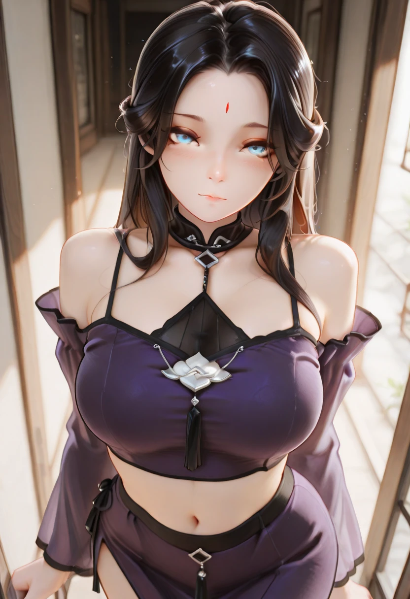 Detailed facial details，1 girl、Cat ear，Black long hair,Red lips，Large Breasts，General，Charming red eyes, Shy expression，Slim，Handcuffs，Collar，Radiant Skin，Facial details are very detailed, Stretch your body，bedroom