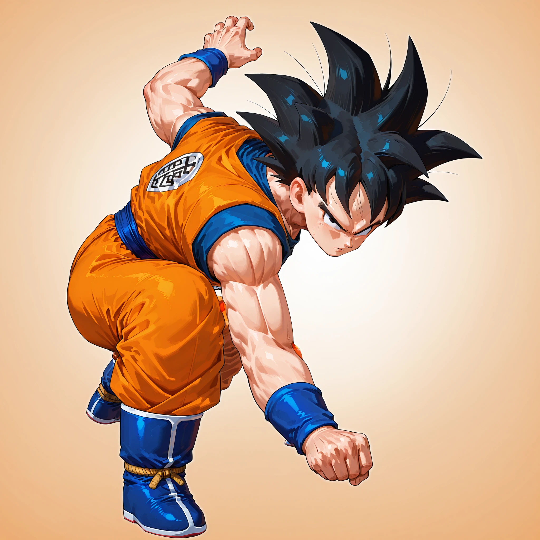 1boy,goku,black hair,spiked hair,black eyes,muscular male,orange_dougi,spiked hair, black hair, <lora:goku dbz:1>,simple background,, masterpiece, best quality, amazing quality, newest,detailed face, beautiful eye, ,<lora:songokuPoseV1_illustrious:0.9>,,goku_pose_1, squatting pose, fighting stance, full body, right arm outstretched, left hand clenched into fist, legs apart, upper body leaning forward, facing forward,serious expression,
