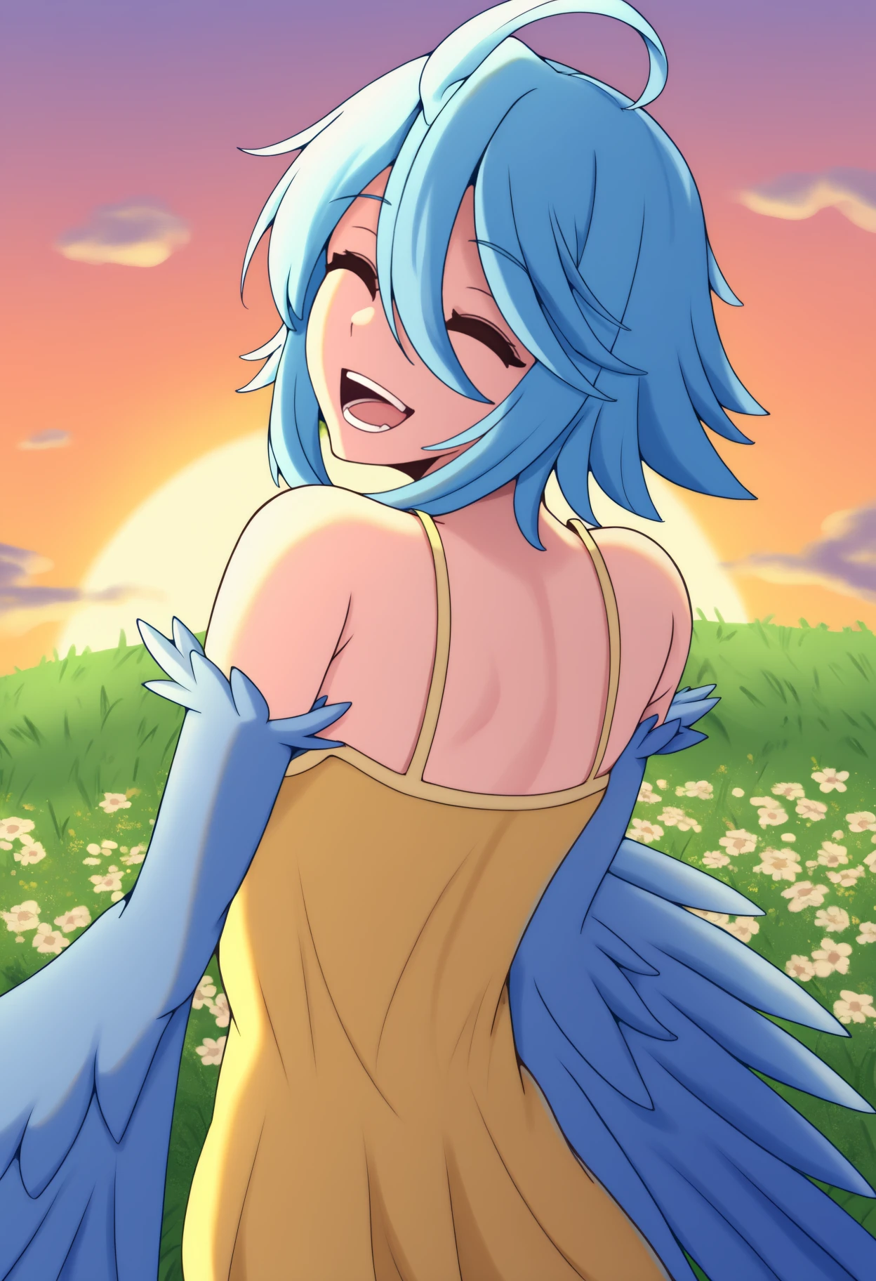 newest, , solo, 1girl, monster girl, harpy, blue wings, winged arms, feathered wings, :d, teeth, looking back, blue hair, ahoge, hair between eyes, closed eyes, ^ ^, yellow sundress, sleeveless dress, spaghetti strap,  shoulders, outdoors, sunset, cloud, grass, flower field
<segment:yolo-Anzhc Face seg 640 v3 y11n.pt,0.5,1//cid=11>