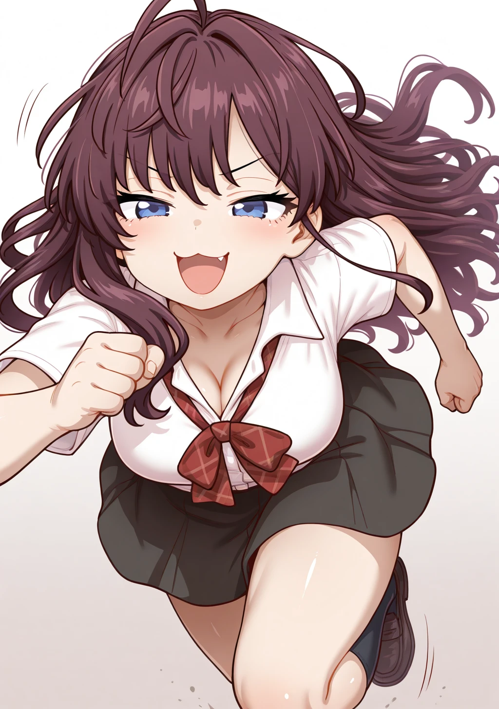 masterpiece, best quality, absurdres, perfect lighting,shiny skin,<lora:StS-Illustrious-Detail-Slider-v1.0:3>,<lora:illustrious_noobai_epsilon_pred_1_best_quality_v1:1>,itou yuuji, <lora:itou_yuuji:1>,,1girl,ichinose shiki,school uniform, smile,smug,:3,open mouth, running, motion lines, simple background