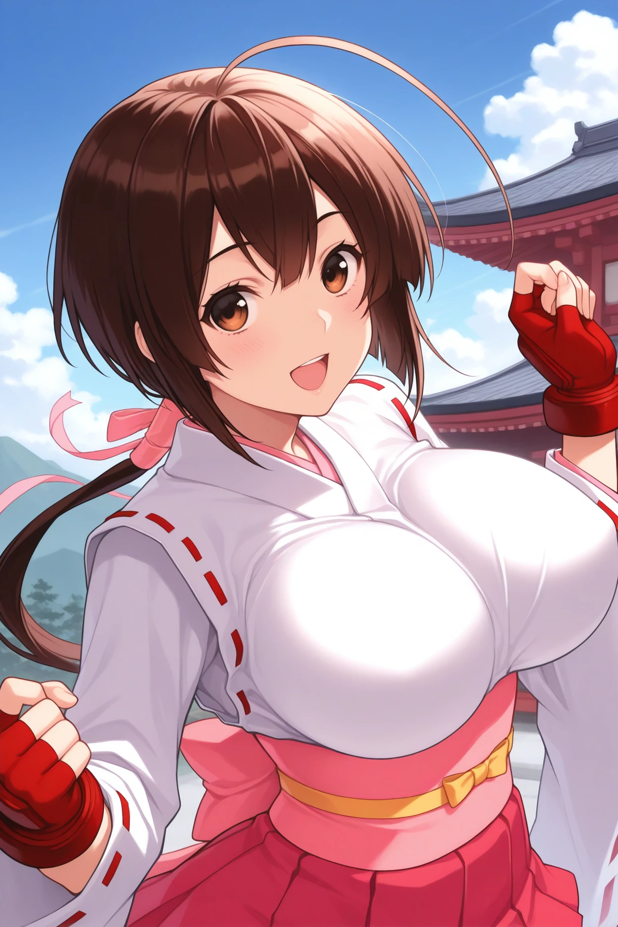 score_9, score_8_upper, score_7_upper, sauce_anime, Mai Shiranui、ponytail、Brown Hair、score_9、score_7_upper、sauce_anime、Long Hair、bangs、Purple Hair、(Tabletop、Highest quality、High resolution、Pixel Perfect、Huge nipples、4K、)、1 girl with huge ass、single、One person、Beautiful woman、I could see the whole body、全naked ((Wavy medium hair、bangs、Brown Hair))、((Brown eyes、Beautiful eyelashes、Realな目))、((Detailed face、blush:1.2))、((Smooth texture:0.75、Realな質感:0.65、Real:1.1、animeCGスタイル))、One length long black hair,Big Breasts、bouncing breasts,Lumps or wrinkled areola、purple eyes,navel,(karate gi,:1.2),(No bra), outdoors,sunlight, spotlight effect,bright sky, blue sky with clouds,strong wind, Bathroom Her large, protruding breasts were exposed. Big Butt naked Sophisticated, 可愛くて美しいBig Breastsの女教師 大きなButtを持つ美しいお母さん Butt, Thighs, Glamorous Body, Huge nipples, Erect extra large nipples、Dark pink nipples