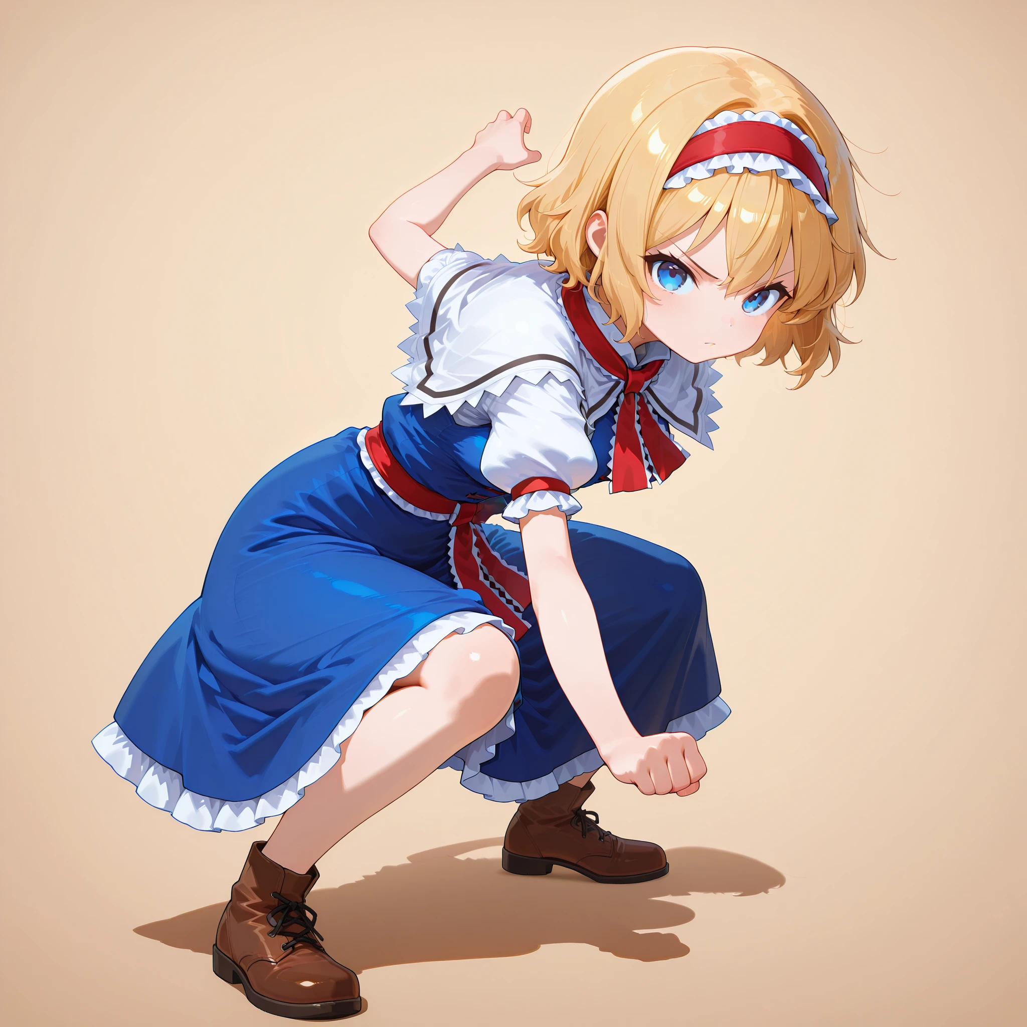 1girl,simple background,, masterpiece, best quality, amazing quality, newest,detailed face, beautiful eye, ,<lora:songokuPoseV1_illustrious:0.8>,,goku_pose_1, squatting pose, fighting stance, full body, right arm outstretched, left hand clenched into fist, legs apart, upper body leaning forward, facing forward,serious expression,, <lora:Alice-Margatroid_Illustrious:1>,alice margatroid, 1girl, solo, blonde hair, blue eyes, short hair, breasts,white shirt, puffy short sleeves, white capelet, blue dress, red hairband, frilled hairband, red bowtie, sash,