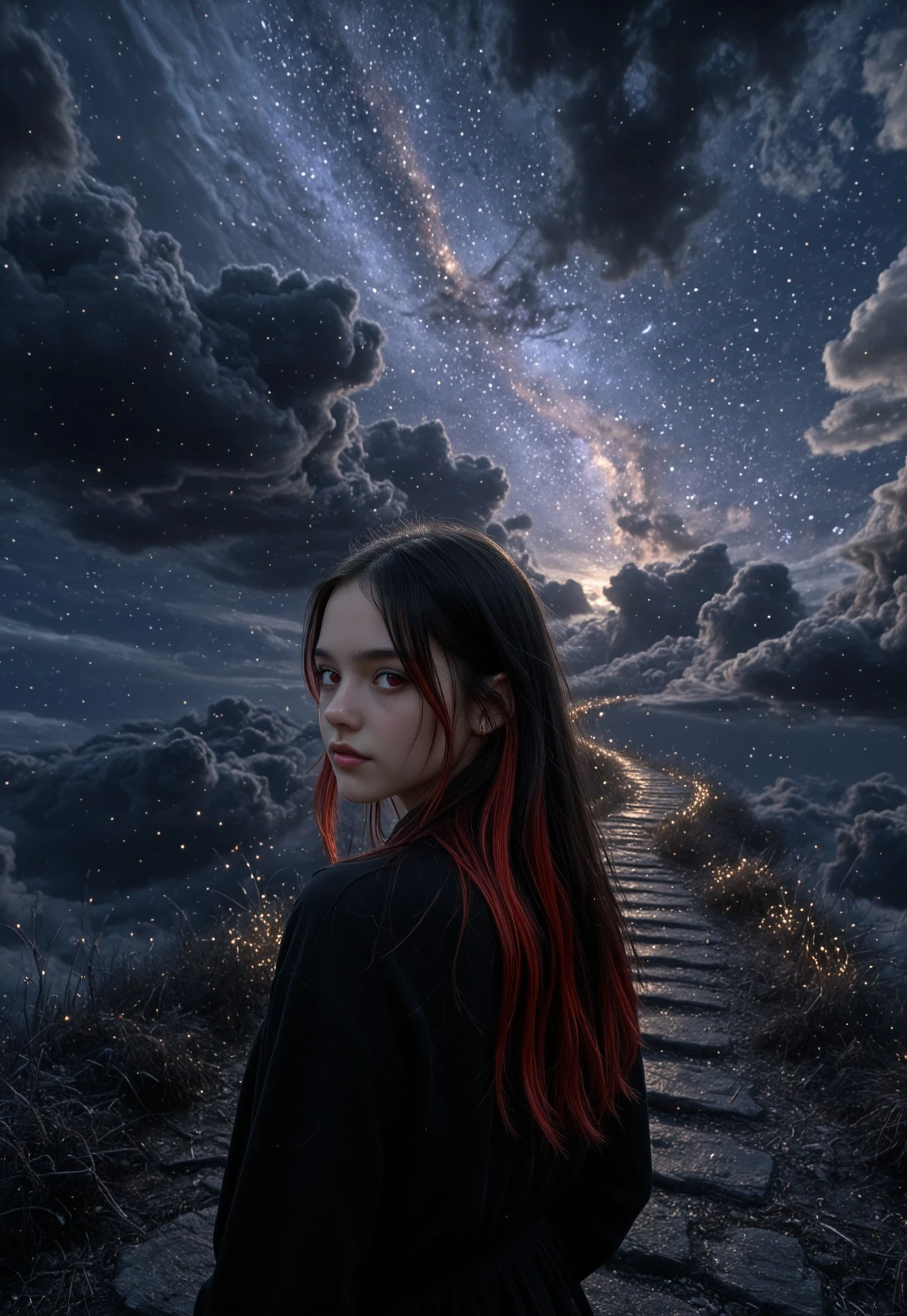 (((ultra detailed, masterpiece, high quality, )))
, 
(((  Daomb2, cloud, sky, night, night sky, cloudy sky, star (sky), starry sky, outdoors, dark, light particles,, )))
,
((( Scenery )))
,
((( 1girl, beautiful, long hair, pretty face, looking back over shoulder, looking on viewer)))
,
((( Adarelmb2, multicolored hair, black hair, red hair, red streaks, realistic, Red eyes, two-tone hair,)))
,
(((  )))
,
(((  )))
,
((( )))