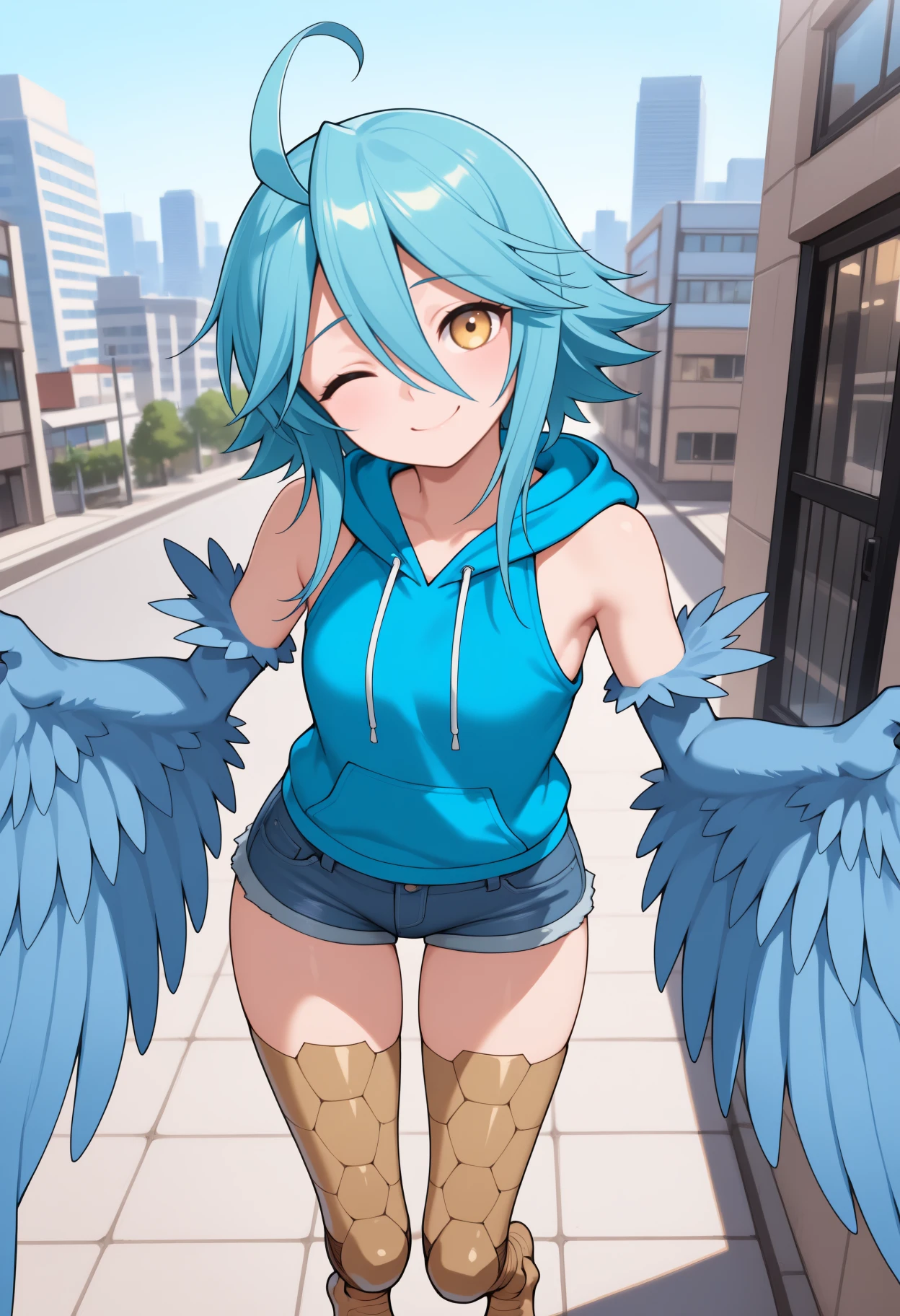 newest, solo, 1girl, monster girl, harpy, blue wings, winged arms, feathered wings, bird legs, talons, smile, looking at viewer, standing, head tilt, blue hair, ahoge, hair between eyes, yellow eyes, one eye closed, raised eyebrows, blue hoodie, sleeveless hoodie, hood down, drawstring, blue shorts, denim shorts, short shorts, outdoors, day, urban, city, building, sidewalk
<segment:yolo-Anzhc Face seg 640 v3 y11n.pt,0.5,1//cid=11>